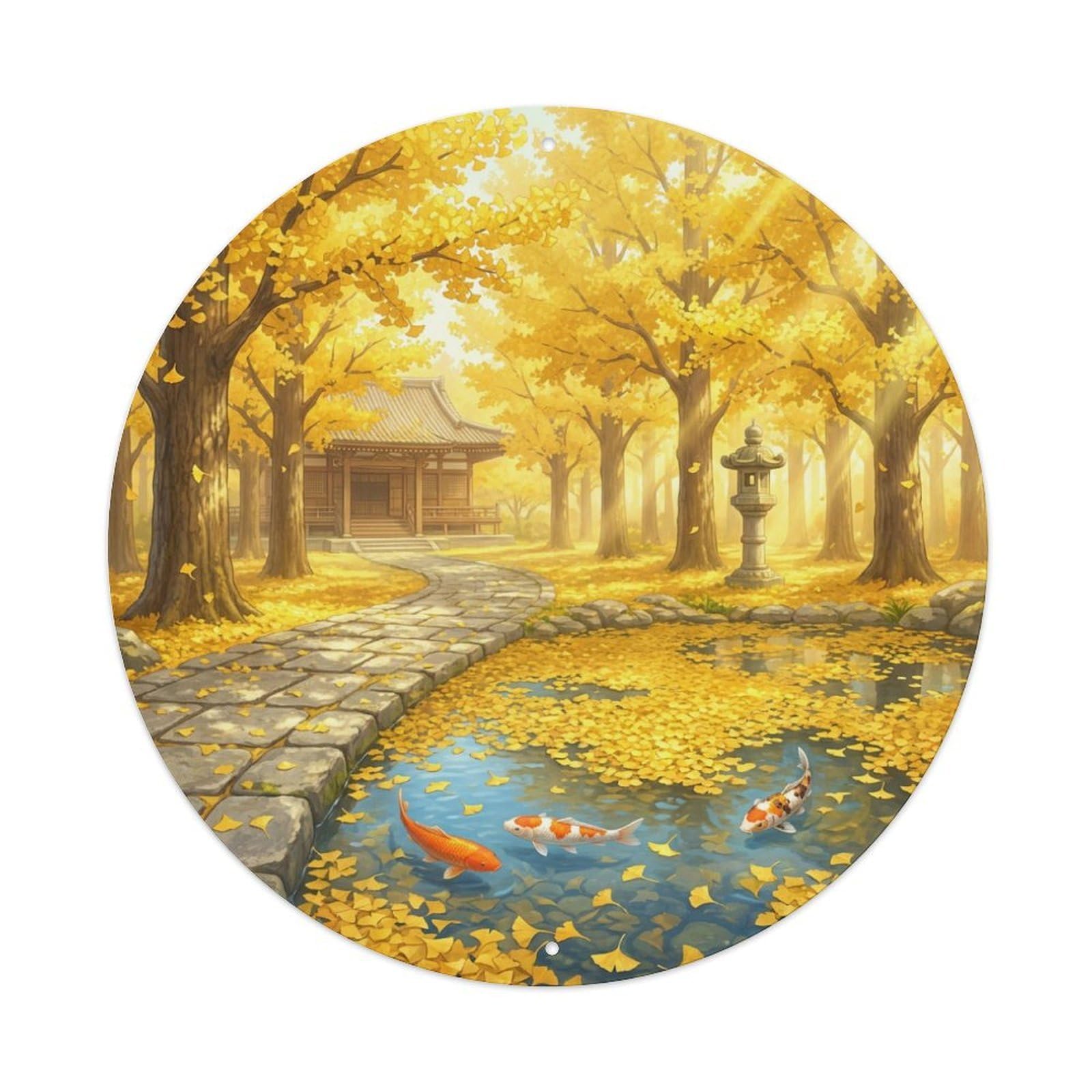 Galvaxio Style Japanese Ginkgo Grove Koi Fish Golden Leaves Metal Tin Sign