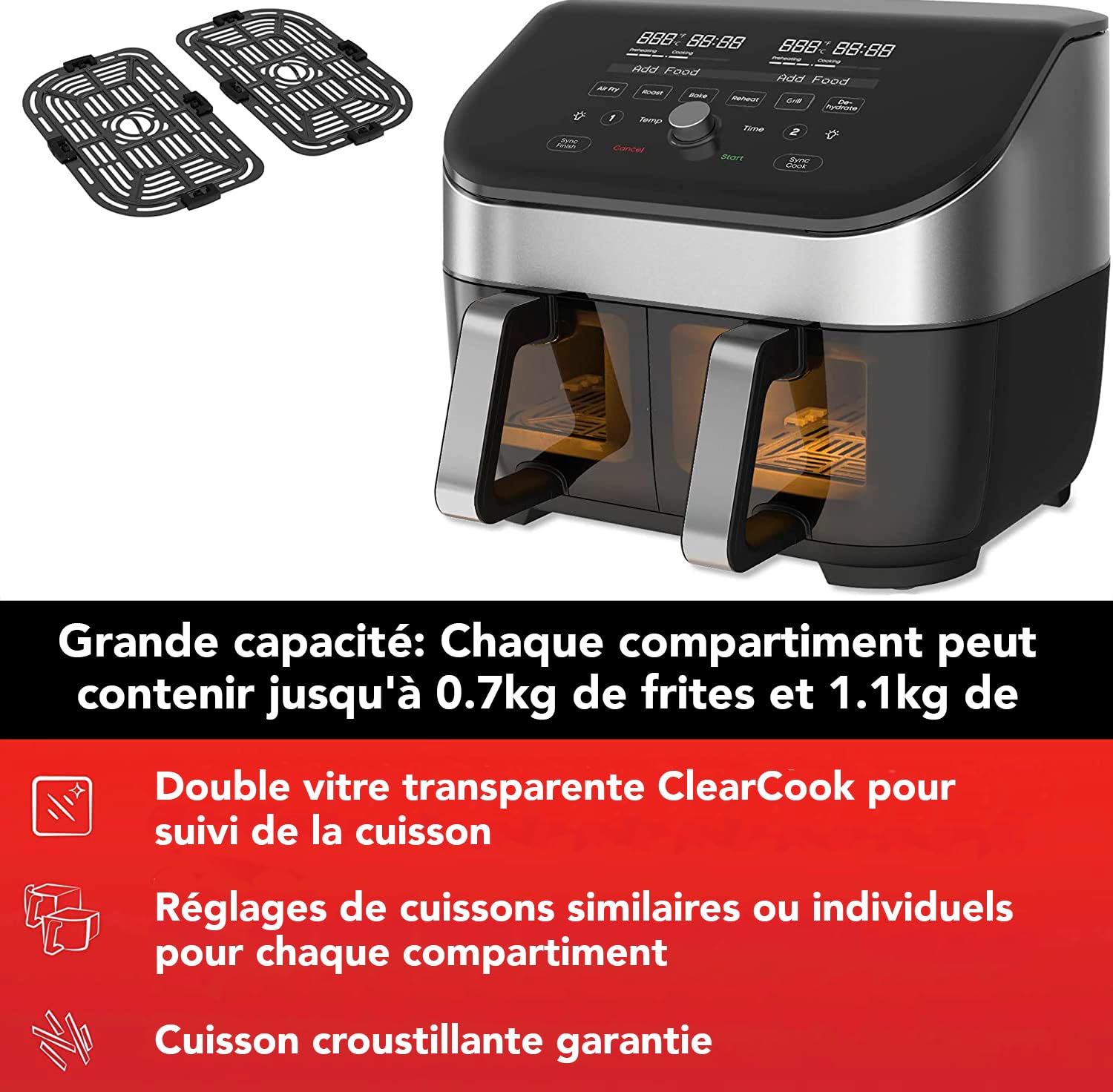 Instant Pot Vortex Plus, Friteuse à Air Double Compartiment et Vitre Transparente - 8 Programmes de Cuisson: Pâtisserie, Plats Rôtis, Grill, Séchage, Chauffe-Plat - Capacité XL - 1700W