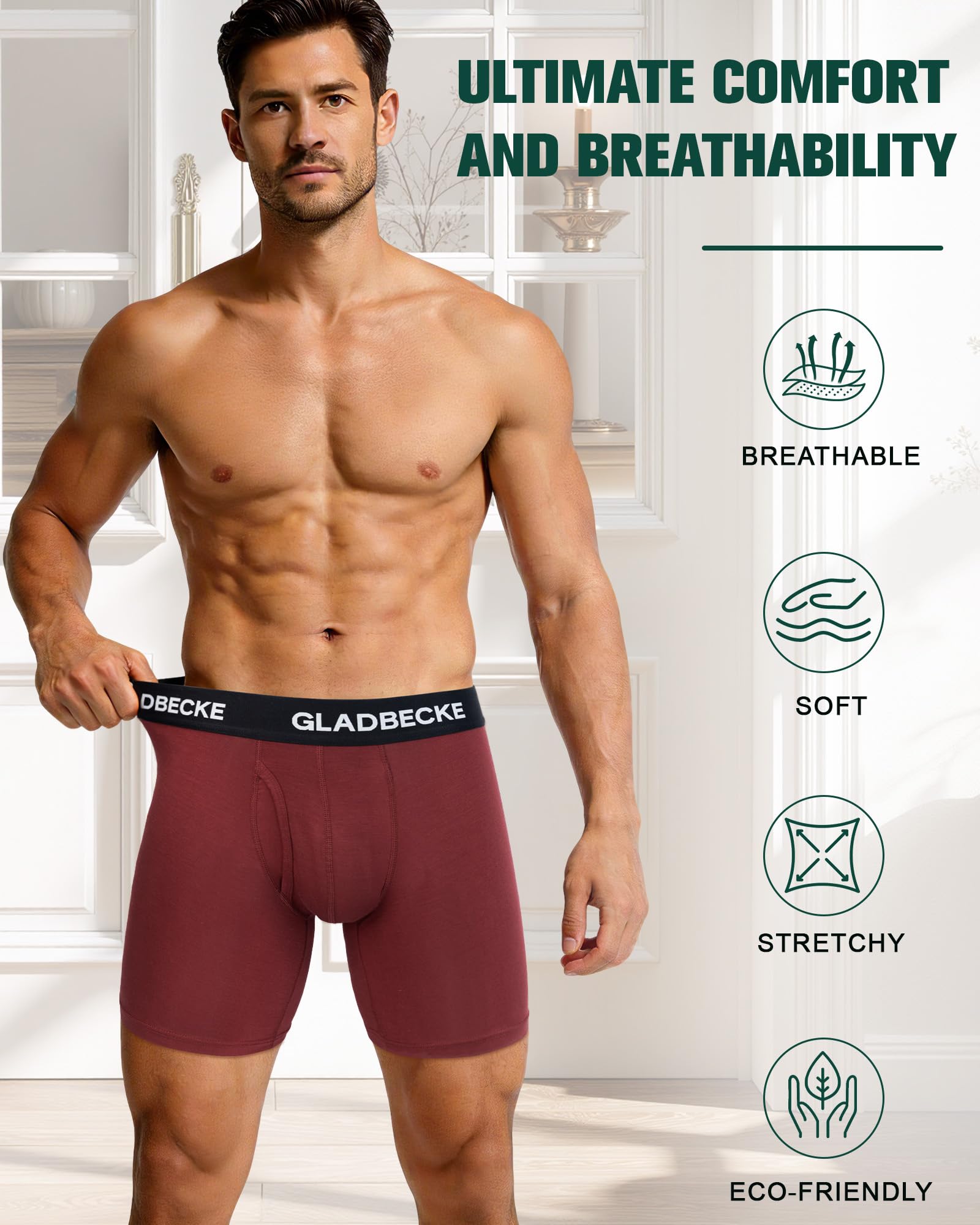 Boxer Long Homme en Bambou, Caleçon Respirant et Ultra Doux avec Braguette, Coupe Confortable et Extensible, Lot de 4
