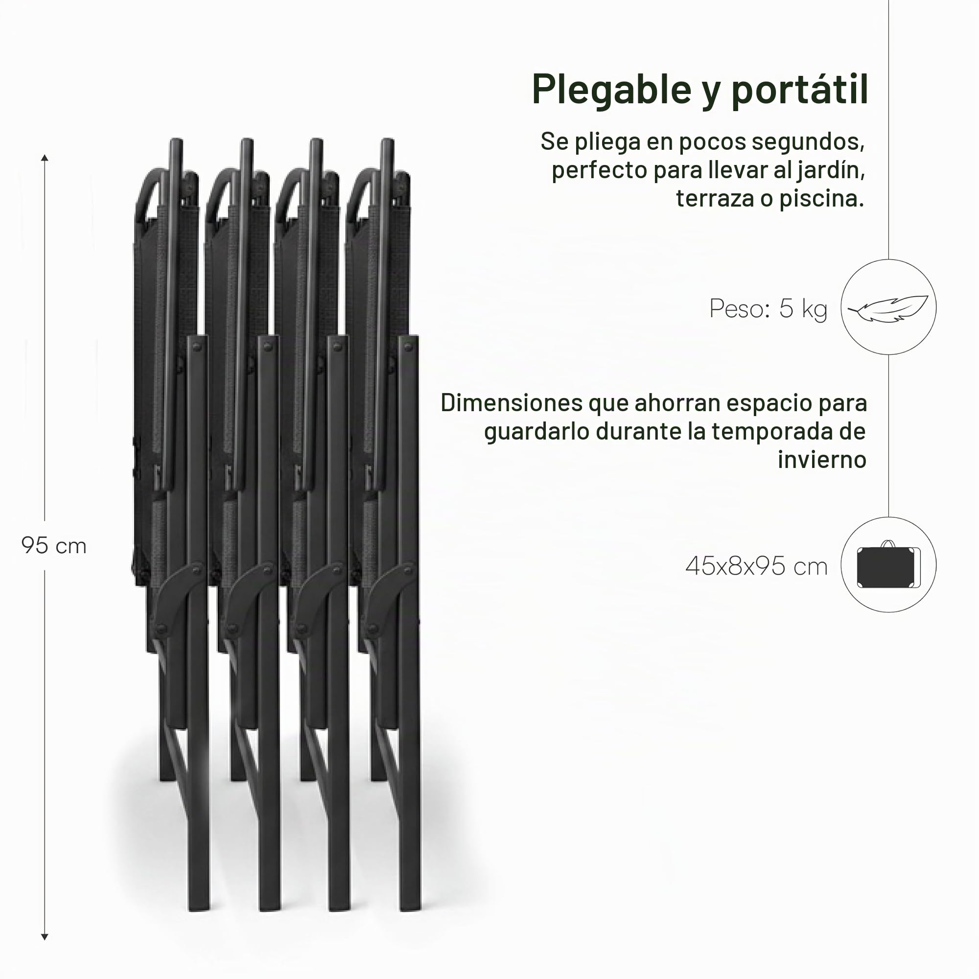 Baroni Home Juego de 4 sillas de jardín plegables con reposabrazos, sillas de exterior plegables y ahorran espacio, tejido transpirable e impermeable, ideales para terraza, balcón y jardín (4, negro)
