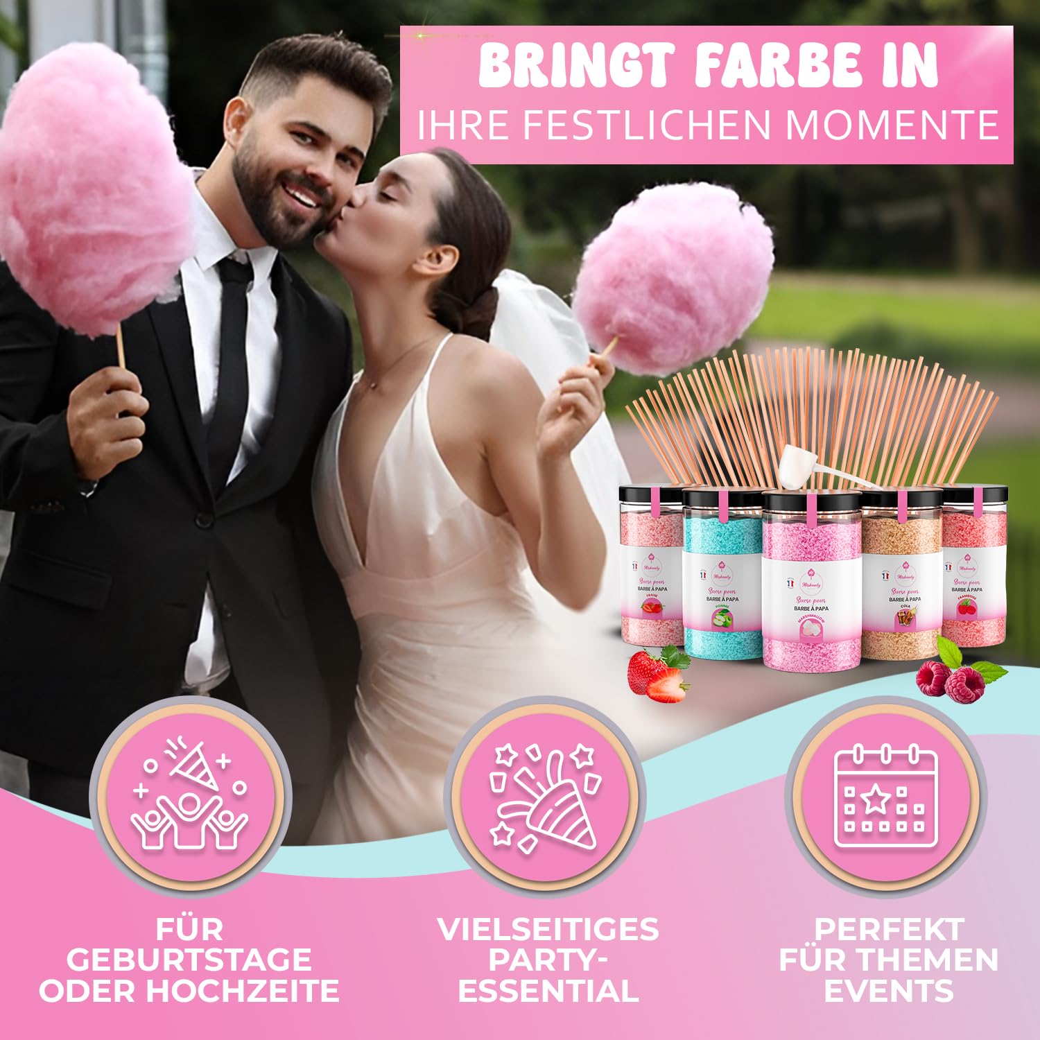 Misskandy®, Zuckerwatte Zucker (Farbstoffe ohne Azofarbstoffe) / Charge (5 * 300Gr)= 1,5kg/Erdbeere, Apfel, Marshmallow, Cola, Himbeere/zuckerwattemaschine zucker/Aromazucker + 50 Stäbchen (Free)