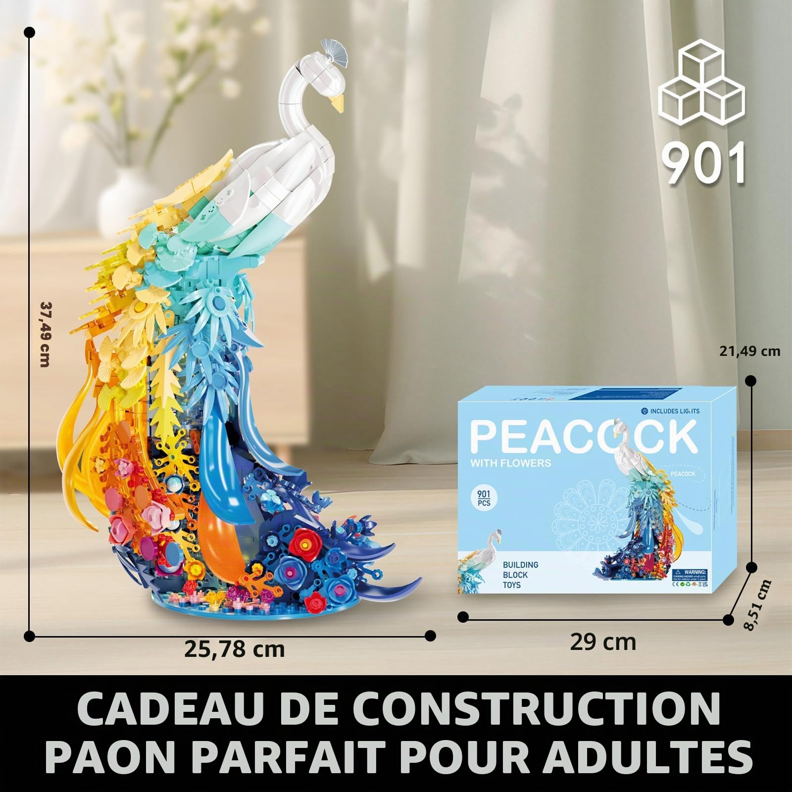 Figurines d'animaux de paon compatibles avec les célèbres marques, 901 pièces, paons, animaux, modèle avec fleurs, plumes de queue et lumière, cadeaux décoratifs créatifs pour adultes et jeunes