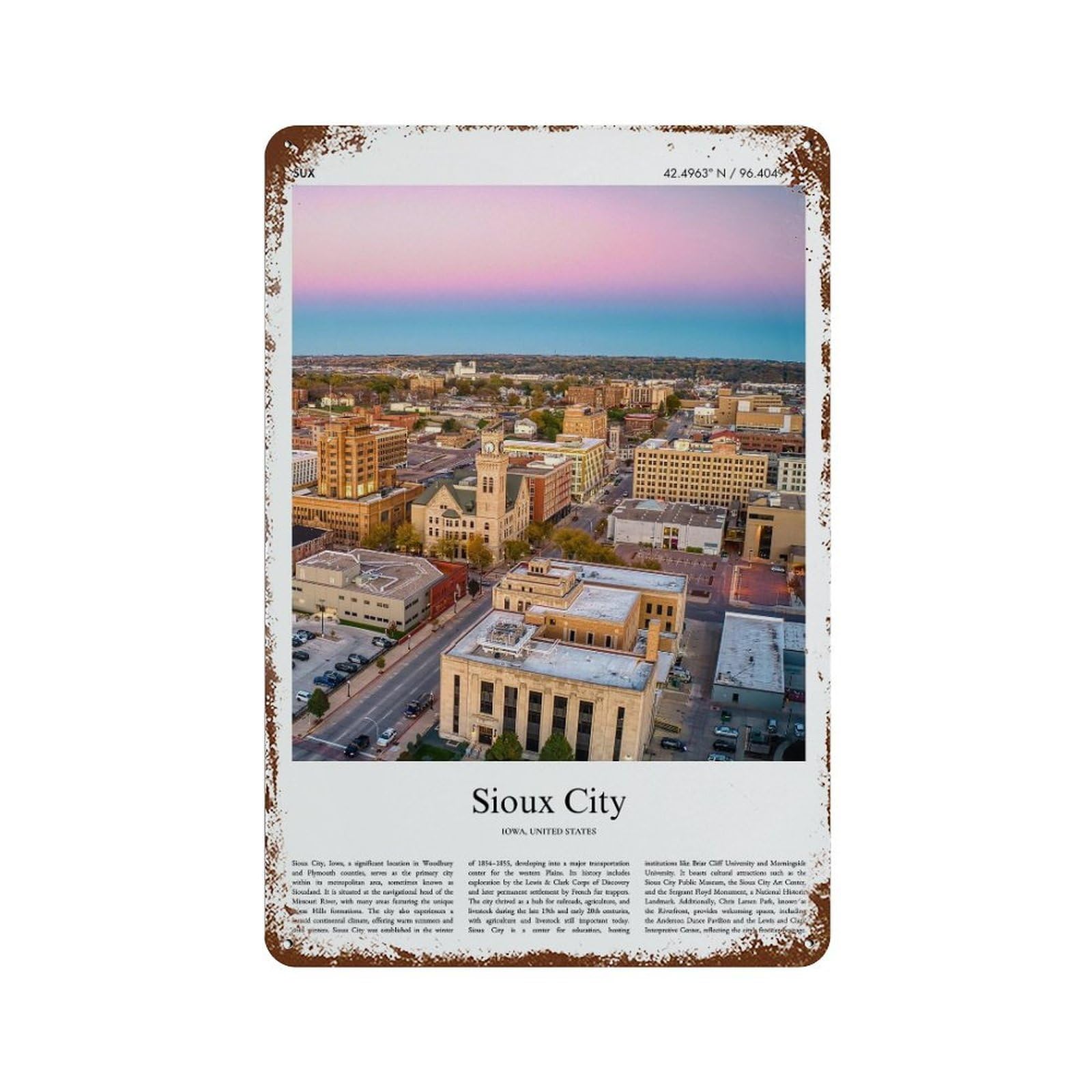 xiaoxiaoshen Sioux City Iowa, United States, USA City Scenery Wall Decor Art Metal Tin Poster Modern Home Decor Art Home Bar Shop Decorations Vintage Sign 30x20cm