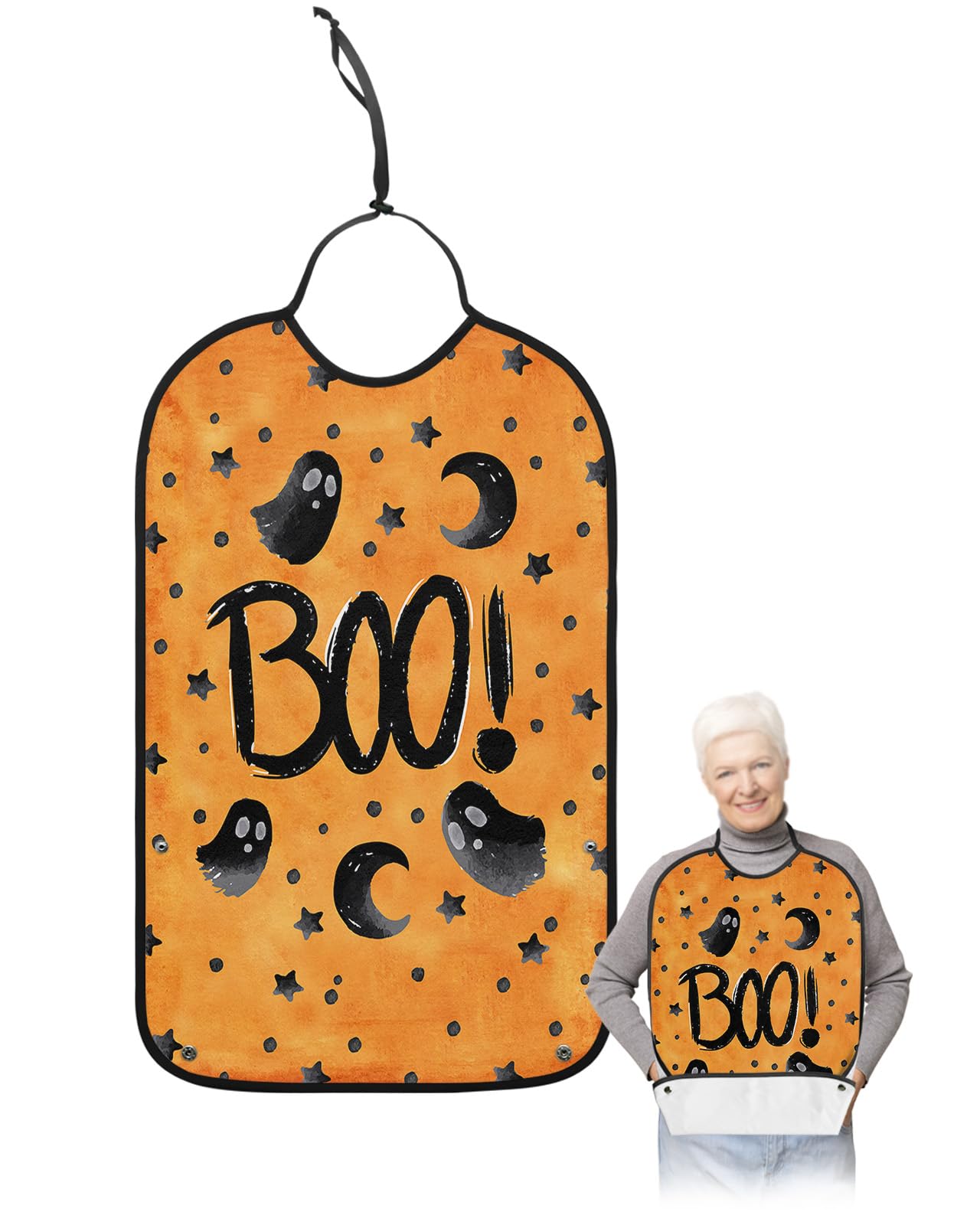 Halloween Boo Adult Bibs for Eating, Waterproof Bibs with Food Catcher & Adjustable Snap Closure, Black Star Polka Dots Ghost Orange Washable Clothing Protectors Adult Bibs for Elderly Women/Men