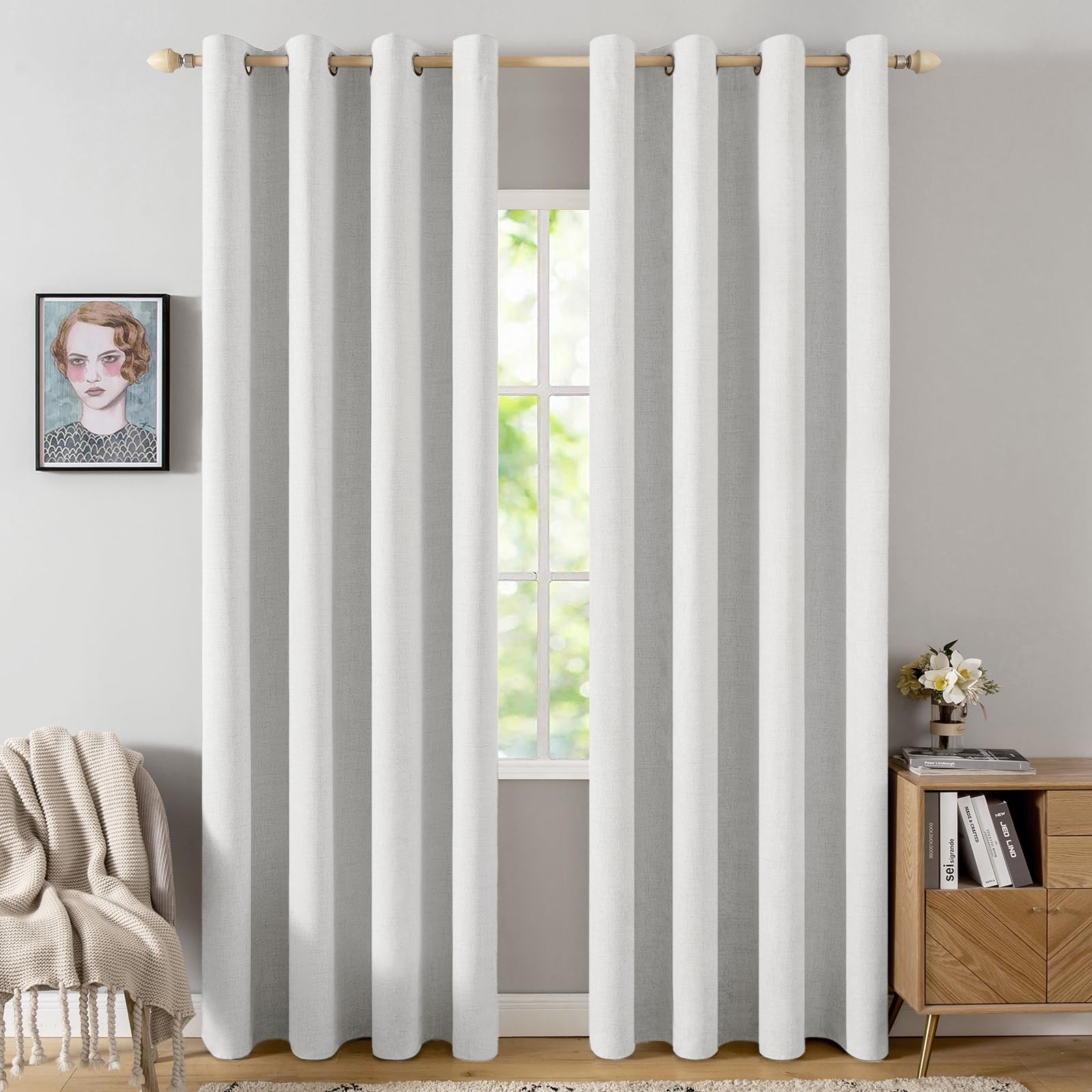 MIULEE 100% Blackout Linen Curtains for Bedroom 52x96 Inch Heathered White | Room Darkening, Light Blocking, Thermal Insulated, Grommet Top, Linen Textured, Window Curtains for Living Room, 2 Panels