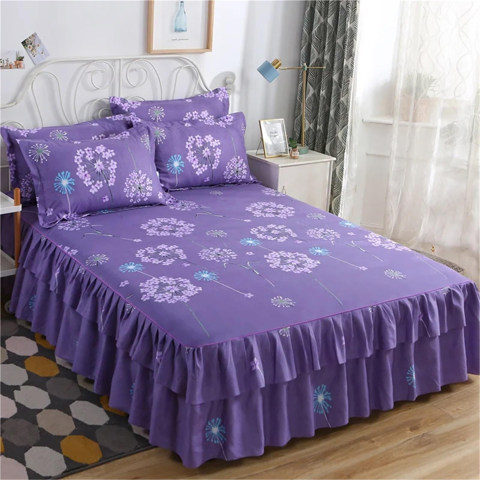 3pcs Bedding Simple Flower Bed Skirt With Pillowcases Wedding Bedspread Bed Sheet Mattress Cover(Color-06,3pcs 180x200cm)