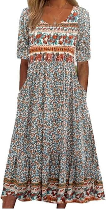 BIVENANT Womens Boho Summer Crewneck Floral Print Midi Tshirt Dress Casual Loose Short Sleeve Beach Dresses with Pockets