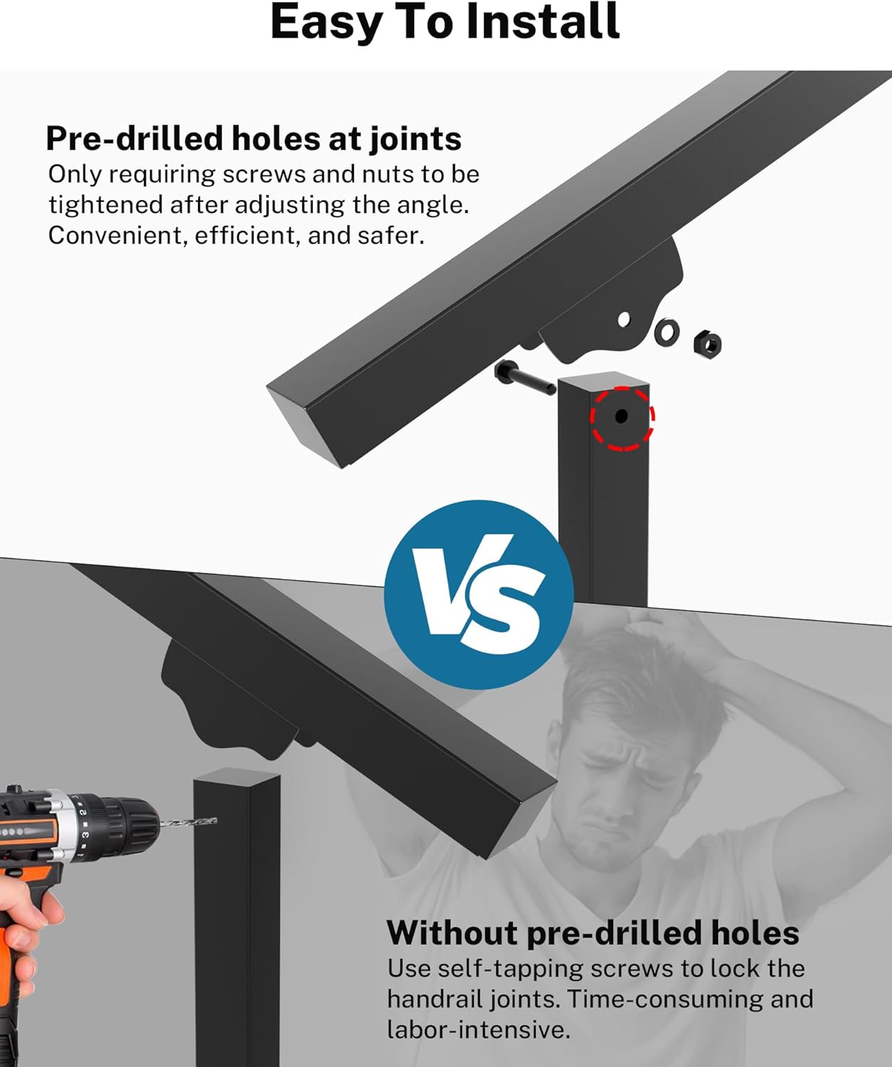 Hand Rails for Outdoor Steps, 3 Step Handrail, Stair Railing Indoor, Hand Rails for Indoor Stairs & Wrought Iron Handrails for Outdoor Steps for Porch/Deck, Black