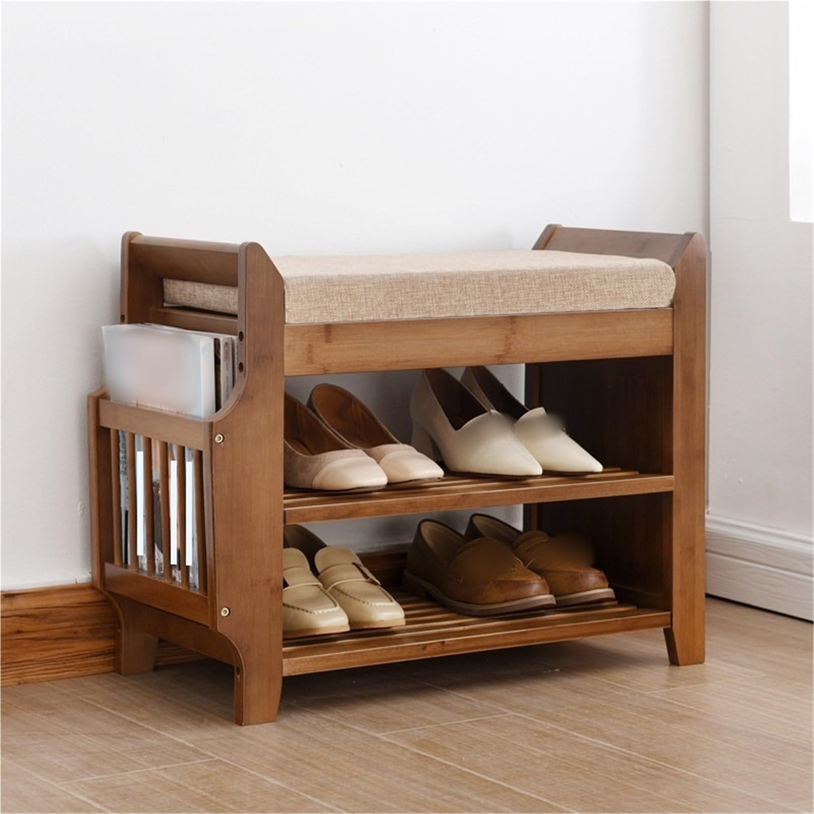 IvyLoutish Bamboo Shoe Storage Bench with Soft Cushions and Storage Compartment Entryway Shoe Rack Portable Storage Shelf for Hallway Living Room Bedroom,Ideal for Home