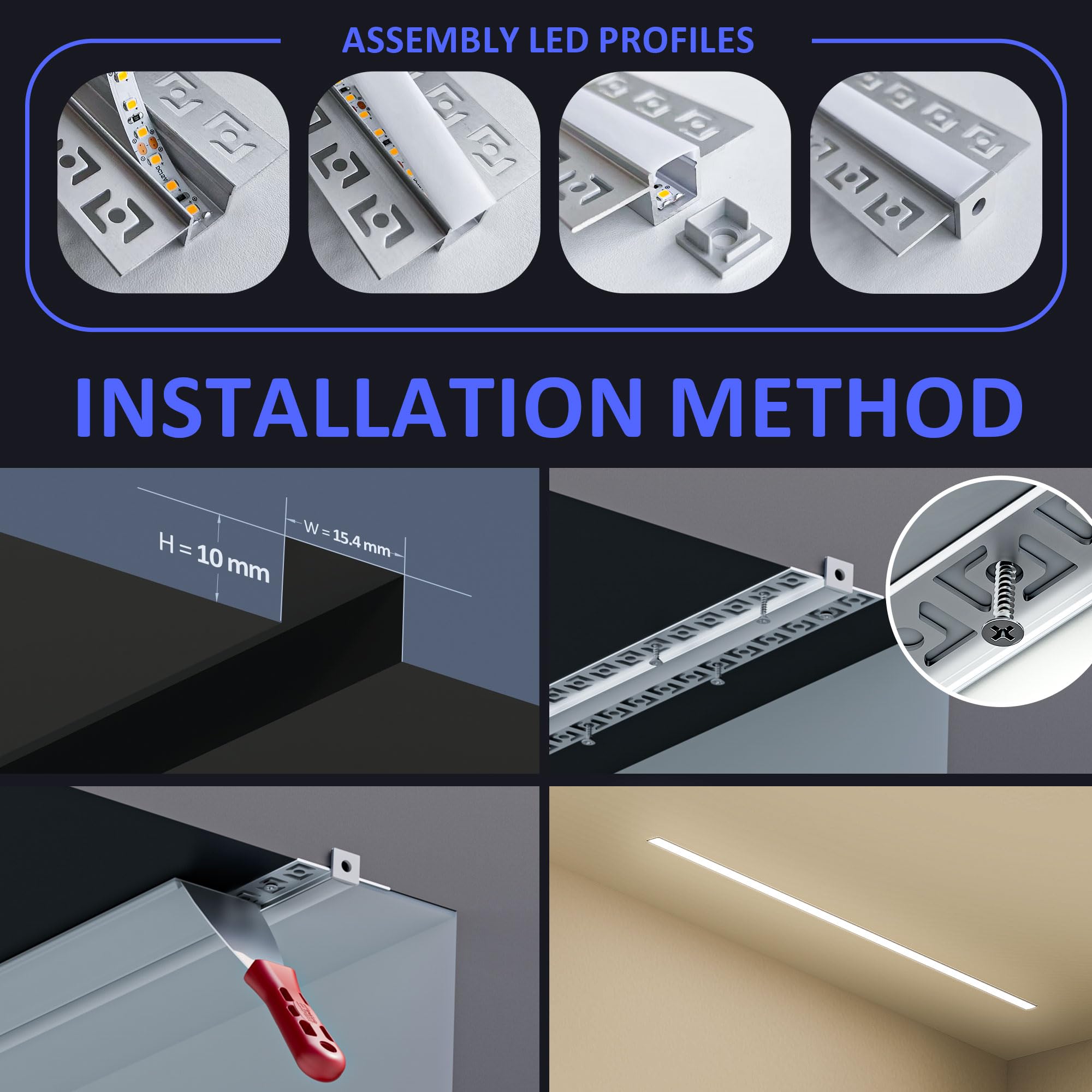 6 profili in alluminio per cartongesso, 2 m, binario da incasso con diffusore per strisce LED fino a 12,6 mm, canale di montaggio per illuminazione indiretta a soffitto