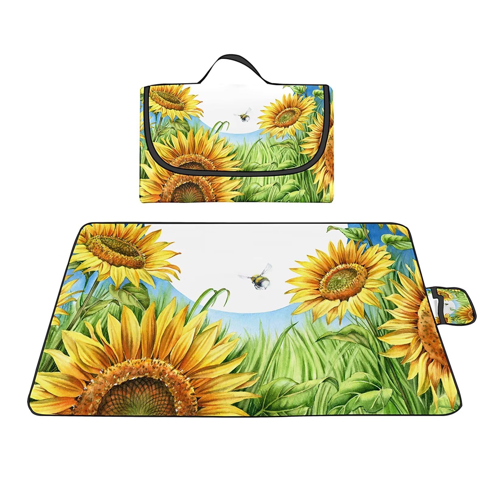 Manta Picnic Impermeable 200x300cm,Lavable Picnic Blanket,Ultrasónica Mantel Picnic,con Mango Multifunción para Acampar Playa Parque de Senderismo,Girasol Luna
