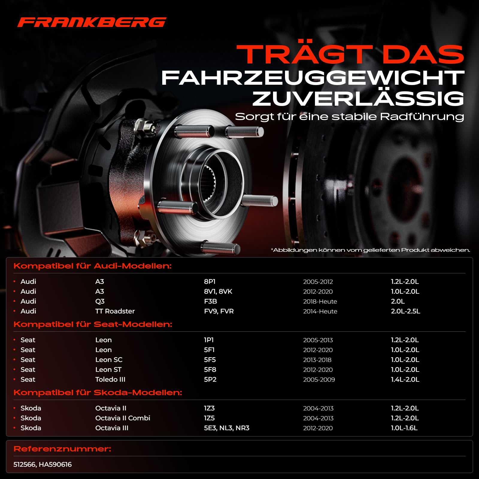 Frankberg 1 x piasta koła, zestaw łożysk koła z przodu lub z tyłu, kompatybilna z A3 8P1 2003-2012 A3 Sportback 8PA 2004-2013 Q3 F3B 2018-2021 TT FV3 FVP 2014-2021 Toledo III 5P2 2004 -2009 10 cm