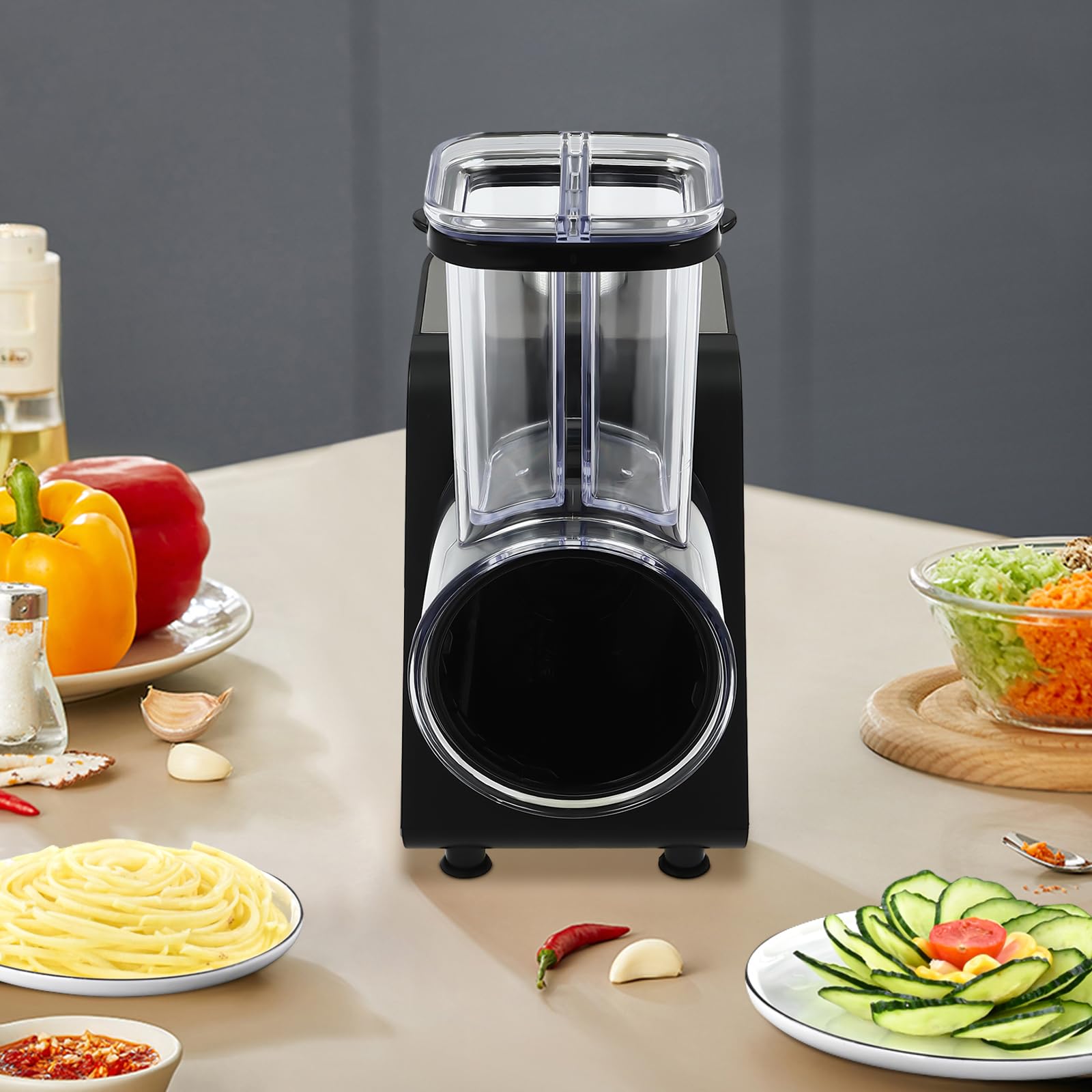 Cortador de verduras eléctrico, independiente, rallador de queso con 5 cuchillas, picadora multifuncional para patatas, rábanos, pepinos