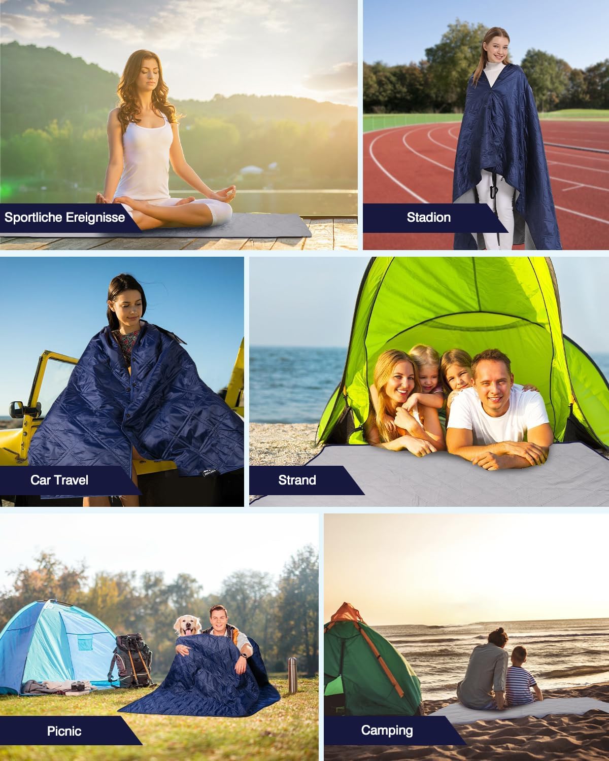 wasserdichte Picknickdecke Fleecedecke mit Hut, Groß Tragbare Decke für Camping, Stadion, Strand, Auto, Sofa, Yoga, kaltes Wetter, Reisedecke Ultraleicht Warm Winddicht Sandfest, 145 x 190 cm, Blaue