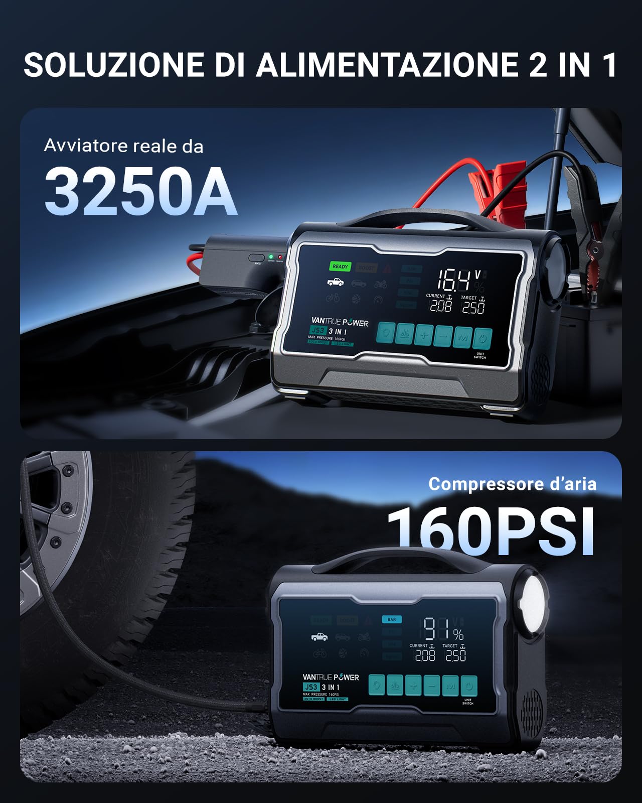 JS3 3250A Avviatore con Compressore d'Aria 160 PSI, Booster per Batteria Auto 12V con Display da 9", Power Bank con Ricarica Rapida 65W, Luce LED 400 Lumen – per Motori Benzina 10 L/Diesel 8 L