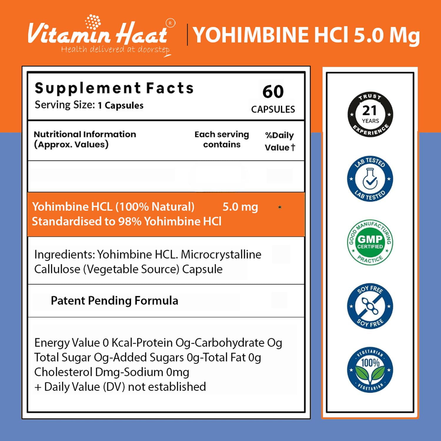 Yohimbine Hcl 5mg | Belly Fat Burner | Pre workout Supplement for Men and Women | Weight Loss Products | Pharmaceutical grade | 60 Capsules by VitaminHaat — Amazon image 2