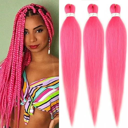 Miniatura 1 de Kanekalon - Cabello trenzado preestirado rosa de 30 pulgadas, 3 paquetes de cabello trenzado preestirado Kanekalon, trenzas EZ, textura Yaki,
