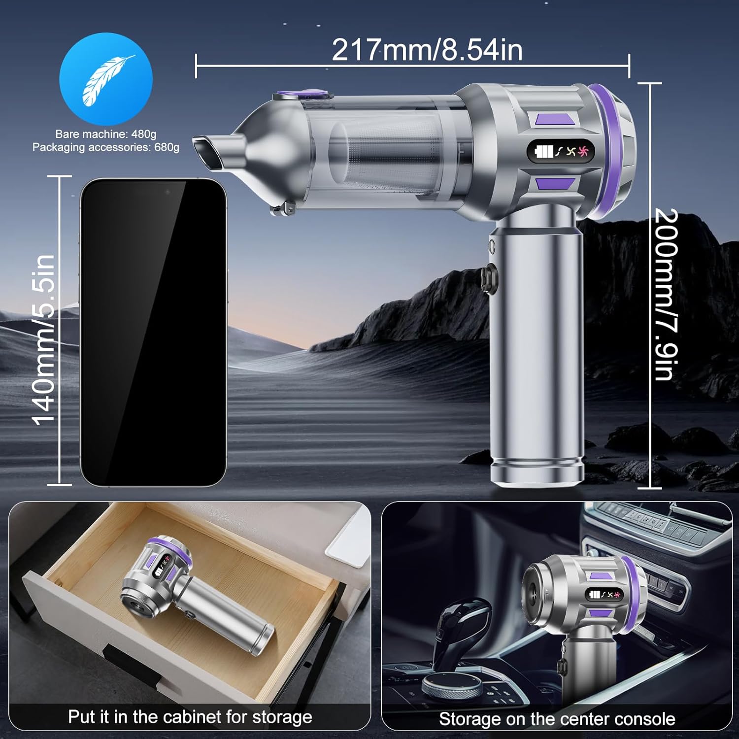 Car Vacuum Portable Cordless, 18000pa Mini Vacuum Cleaner, 4 in 1 Portable Car Vacuum Cleaner 120W High Power Handheld Vacuum Cordless Rechargeable With Air Duster&LED Light for Cars Home Office Pet - Image 7