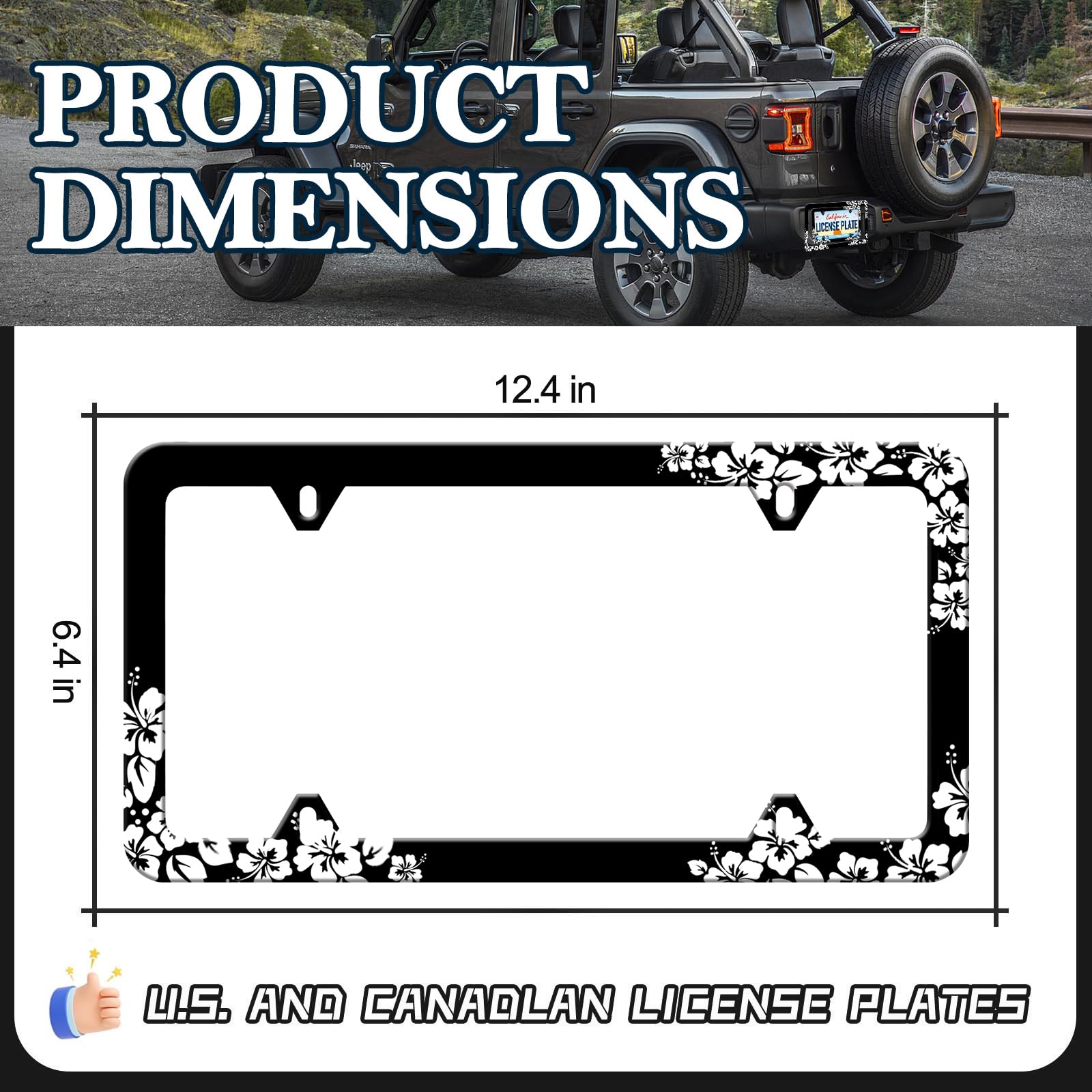 Hibiscus Flower License Plate Frames - 2 Pack Tropical Hawiian Floral License Plate Holder, Stainless Steel Rust-Proof Waterproof Car Decorative Tag Frame for Standard US 12x6 Inch