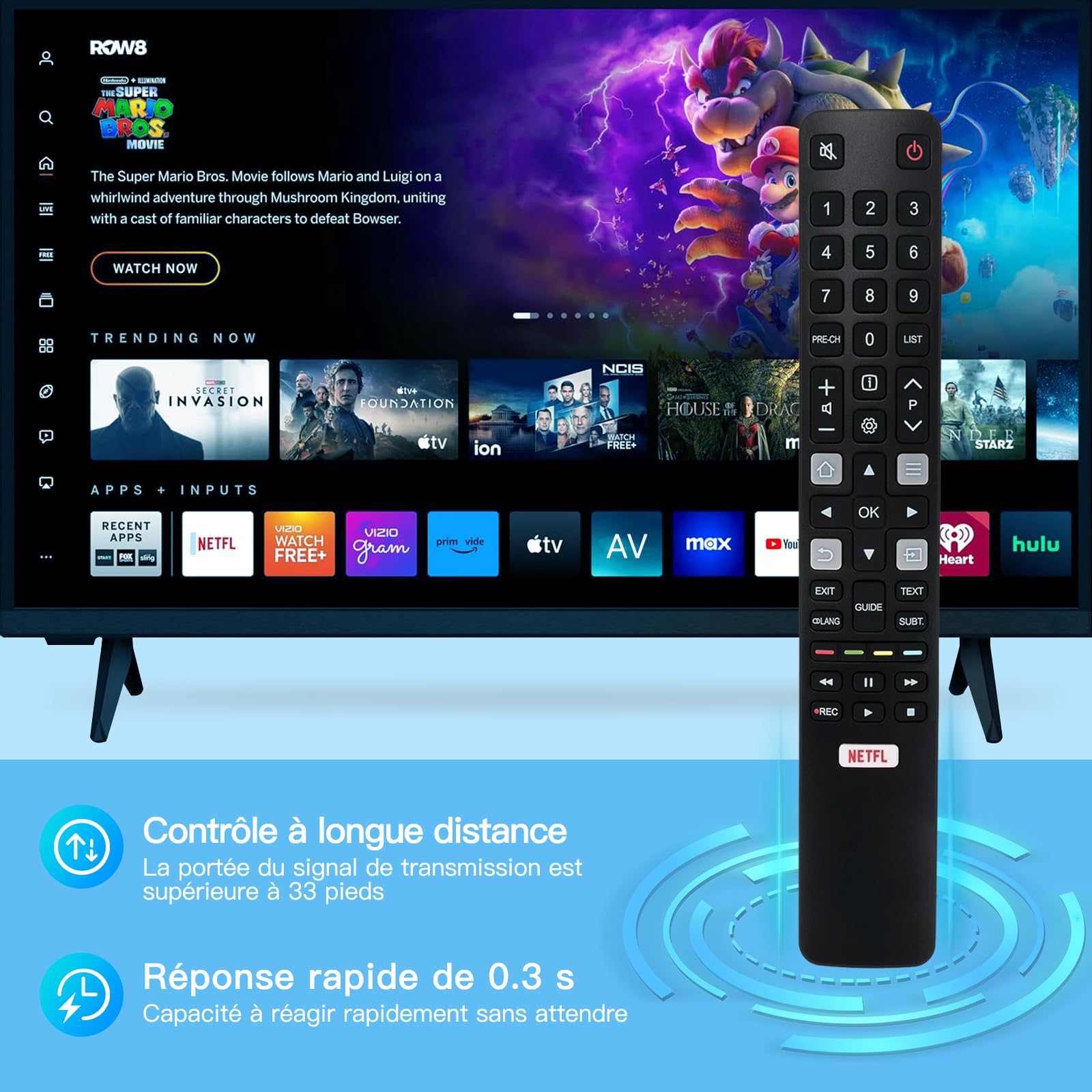 Télécommande TCL de Remplacement RC802N Télécommande Universelle TCL TV Compatible avec Tous Les téléviseurs TCL Smart TV, avec Bouton de Raccourci Netflix 32ES560 40ES560 U50P6146 U55C7006 U65X9026