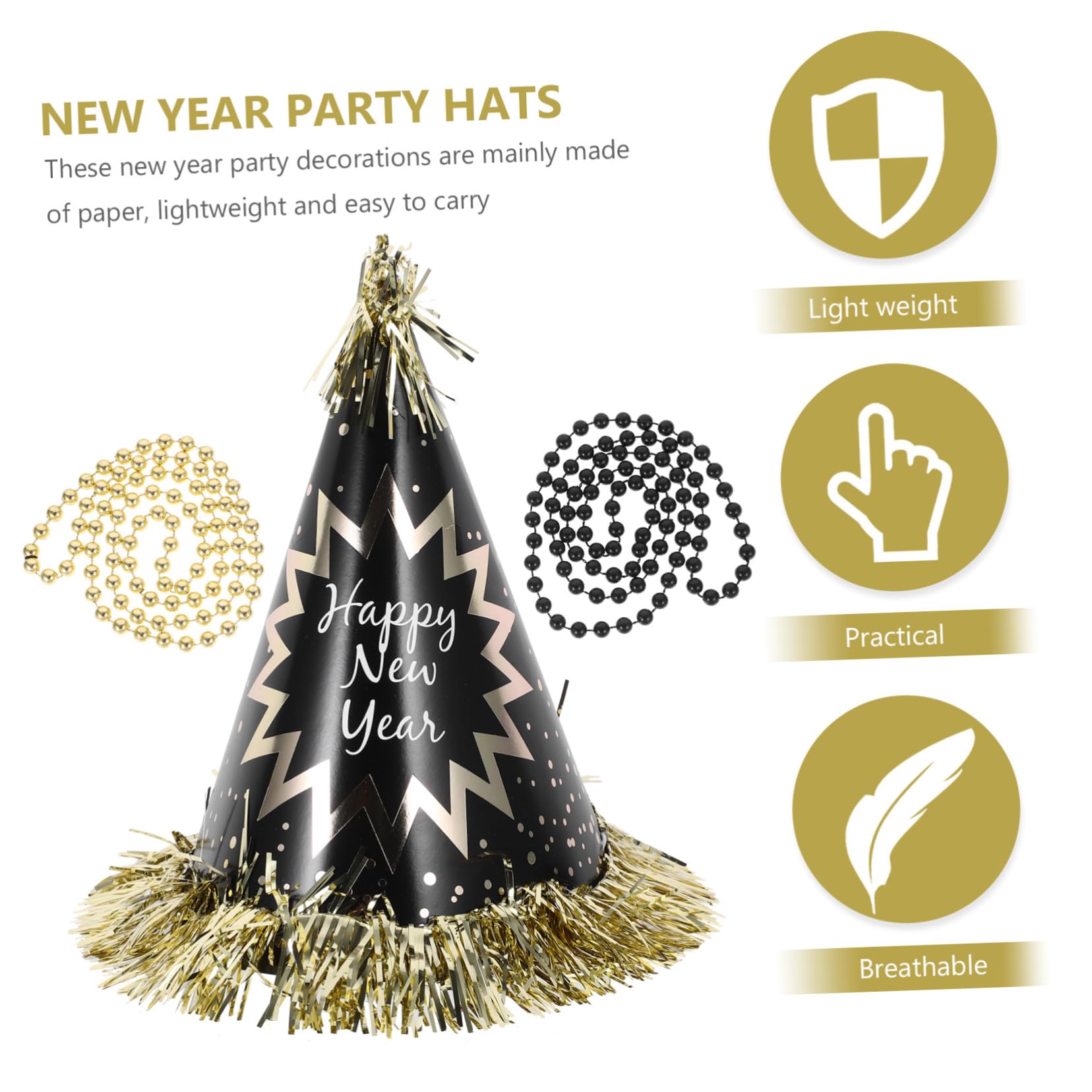 Alipis Kit de Decoración para Fiesta de Año Conjunto de Sombreros Cónicos Diademas Collares de Cuentas y Sopladores Accesorios Festivos Negro y Dorado para Celebraciones Interiores y