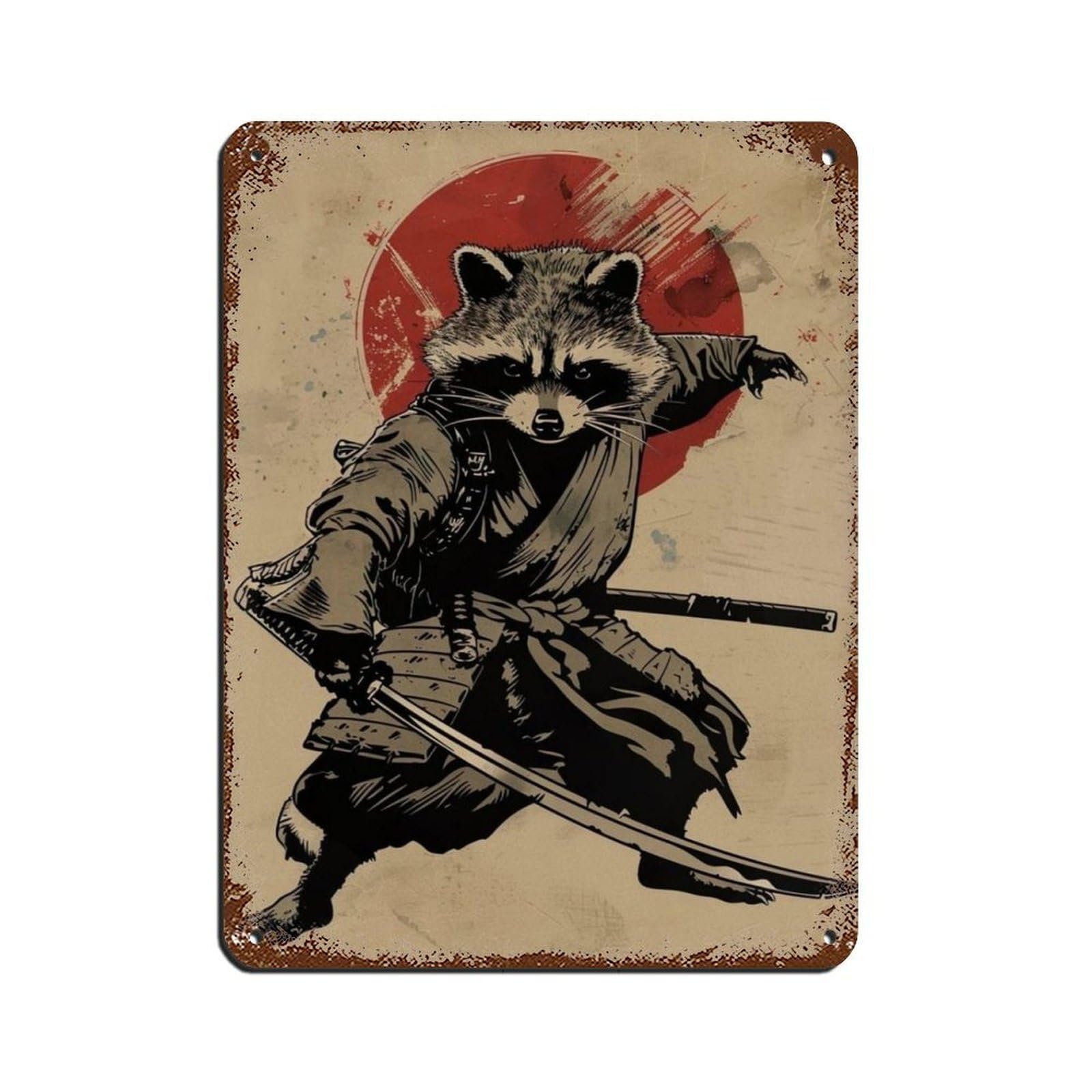 Ninja Raccoon Holding A Katana Sword, Retro Poster Metal Tin Sign Chic Art Retro Iron Painting Bar People Cave Cafe Family Garage Poster Wall Decoration 12x16inch(30x40cm)