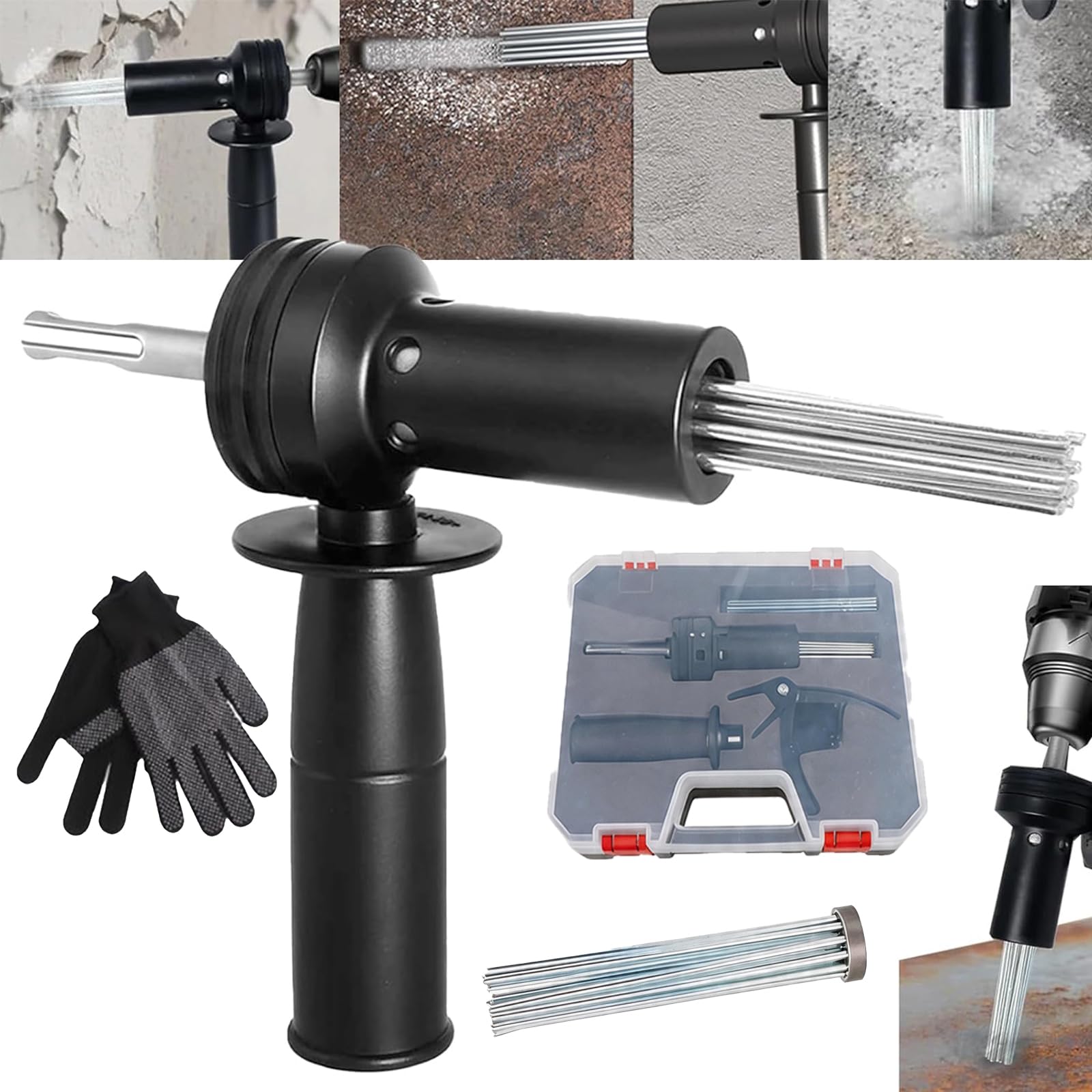 DéTartreur à Aiguille, Adaptateur Pour DéTartreur éLectrique à Aiguilles Avec Tige Sds Et 18 Aiguilles En Acier EtCoffret de Rangement et Gants Pour Le DéCapage De La Peinture De La Rouille De La Sale