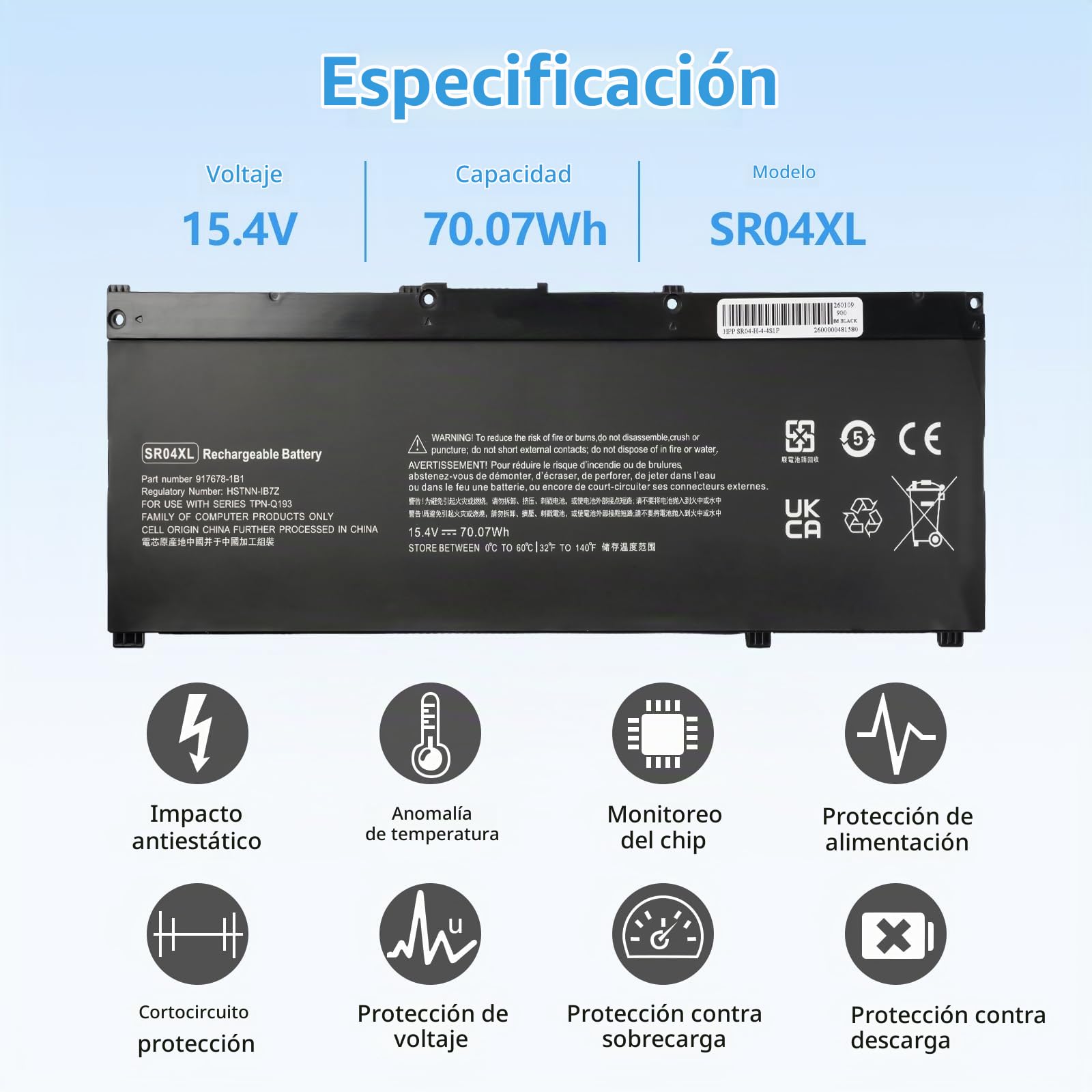 SR04XL 917724-855 Batería de portátil para HP Omen 15-CE0XX 15-DC0XX 15-CE018DX Pavilion 15-CB000 15-CE000 15-CB0XX 15-CX0XX Series 917678-1B1 917678-2B1 HSTNN-DB7W HSTNN-IB7Z 15.4V 70.07Wh