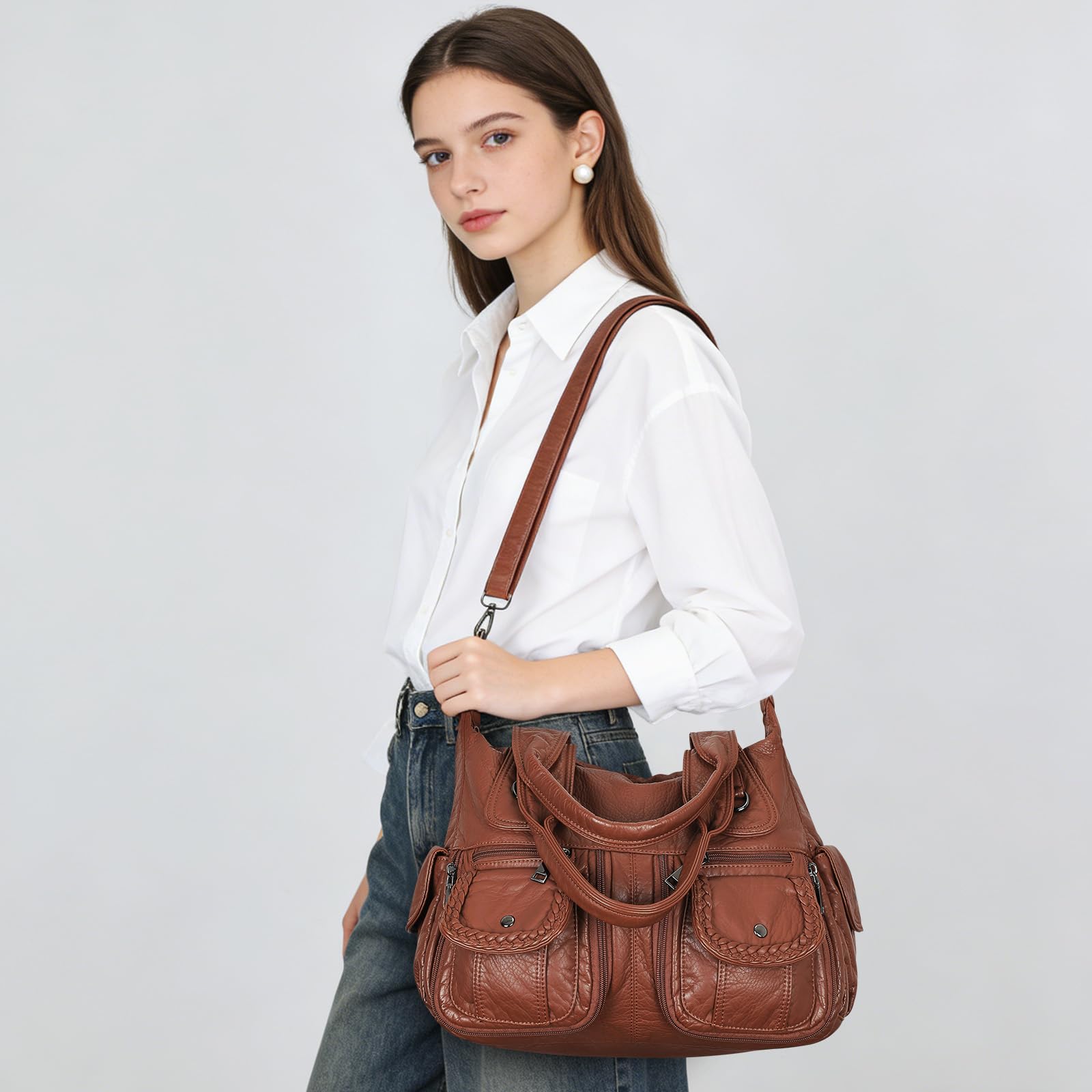 VINBAGGE Borsa Tracolla Donna Tote Bag Donna Borse a Mano Grande Elegante Borse a Spalla Shopper Borsetta per scuola, lavoro, shopping, viaggi, uso quotidiano,L-Marrone