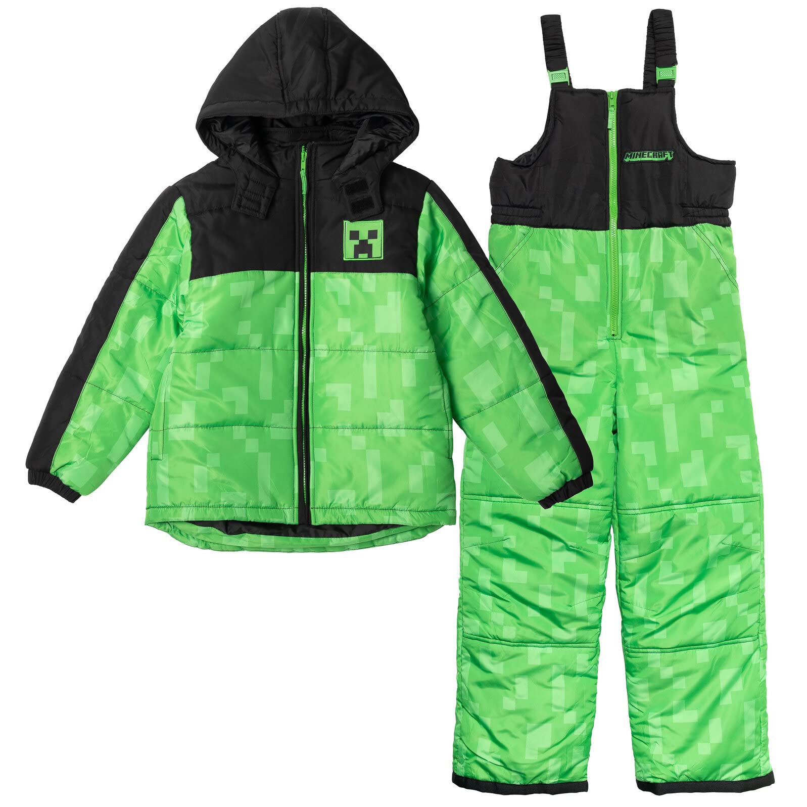 Minecraft Creeper Big Boys Zip Up Puffer Jacket and Snow Bib Ski Pants Green 10-12