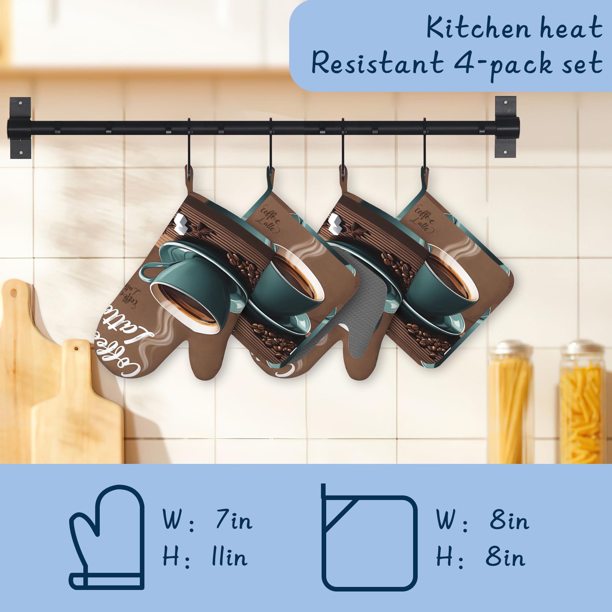 Juego de manoplas de horno y soportes para ollas, juego de guantes de cocina de algodón grueso retro para café, manoplas de silicona antideslizantes impermeables para hornear, bonito juego de