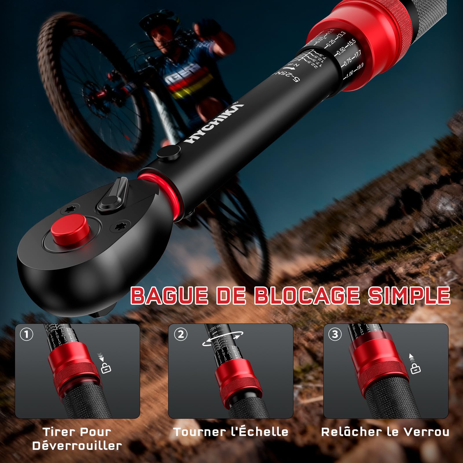 HYCHIKA Kit de 13 Clés Dynamométriques 1/4" 5-25Nm, Précision ±2%, Set Clé Dynamométrique Velo 72 Dents avec Prolongateur, Embouts et Boîtier de Rangement