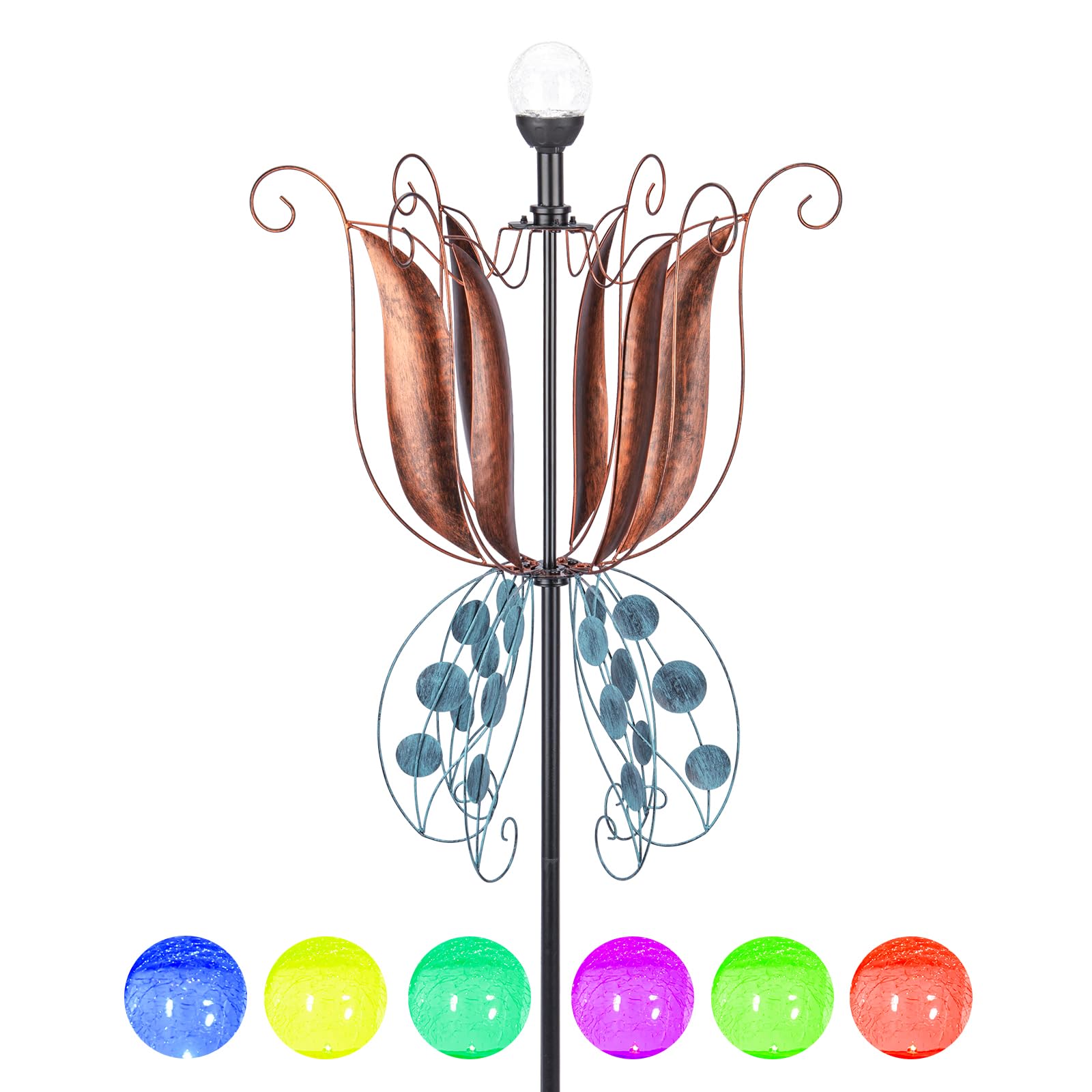 MUMTOP Tulipe à vent d'extérieur en métal - Grande boule de verre à LED à changement de couleur - 200 cm - Sculptures cinétiques - Moulin à vent tulipe pour cour, pelouse, décoration de jardin