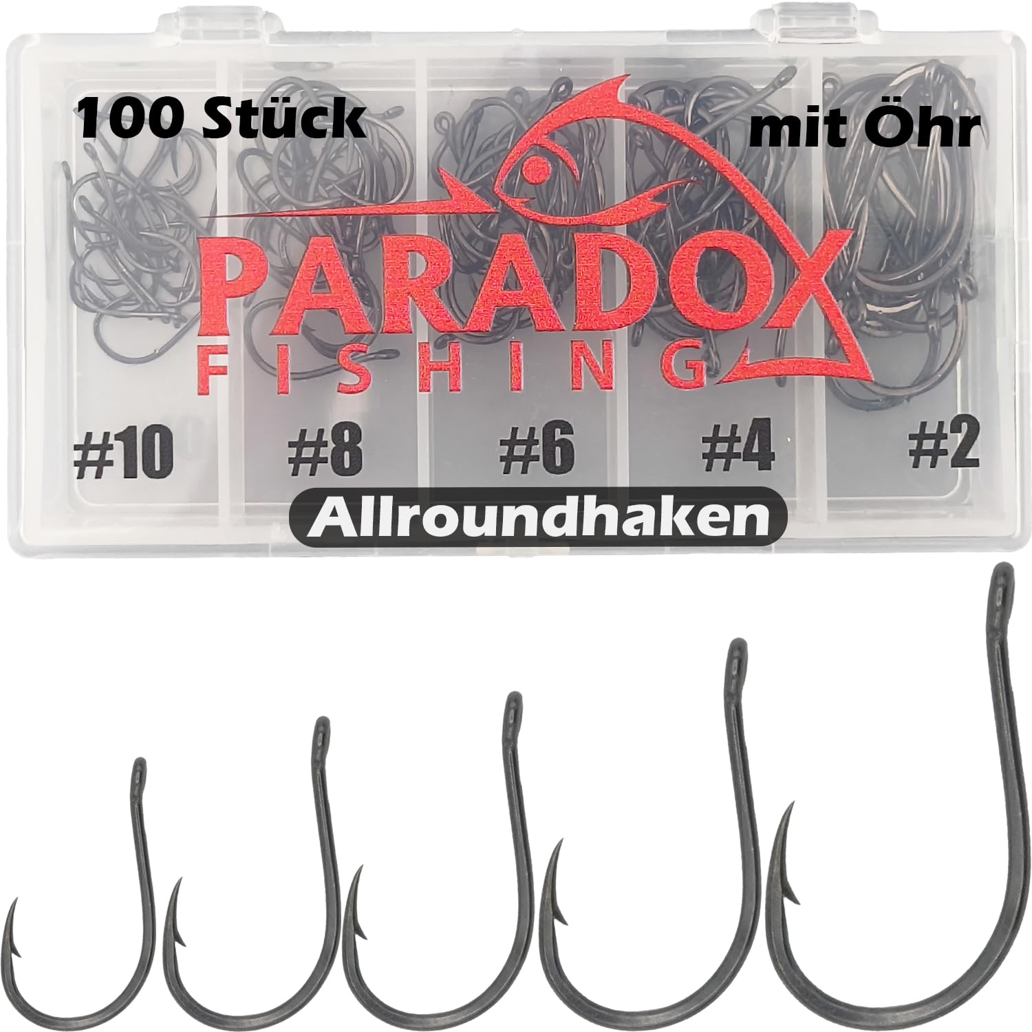 Paradox Fishing Uniwersalne haczyki wędkarskie z uchem I 100 sztuk #10/#8/#6/#4/#2 – po 20 sztuk I zestaw haczyków wędkarskich na karpie, pstrąga itp.