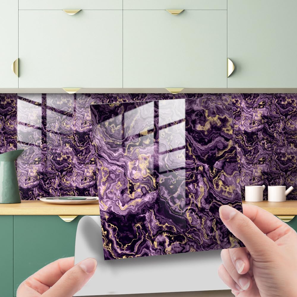 Lukery 20 PCS Self Adhesive Wall Tiles for Kitchen Bathroom, Oil Proof Peel and Stick DIY Floor Marble Pattern (Purple Marble, 20x20cm) โ image 1