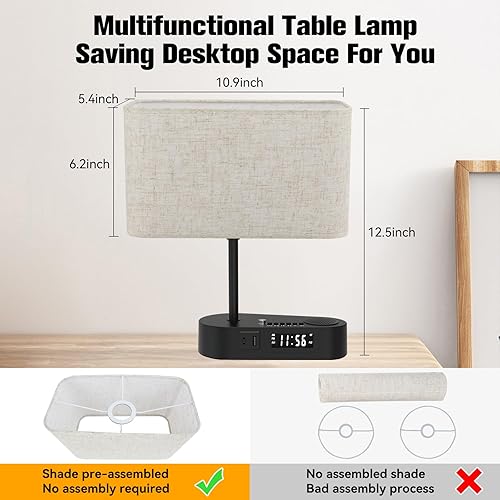 Miniatura 6 de Lámpara de mesa con puertos de carga USB A y C, modernas lámparas de noche con reloj despertador y altavoces, lámpara táctil de escritorio regulable