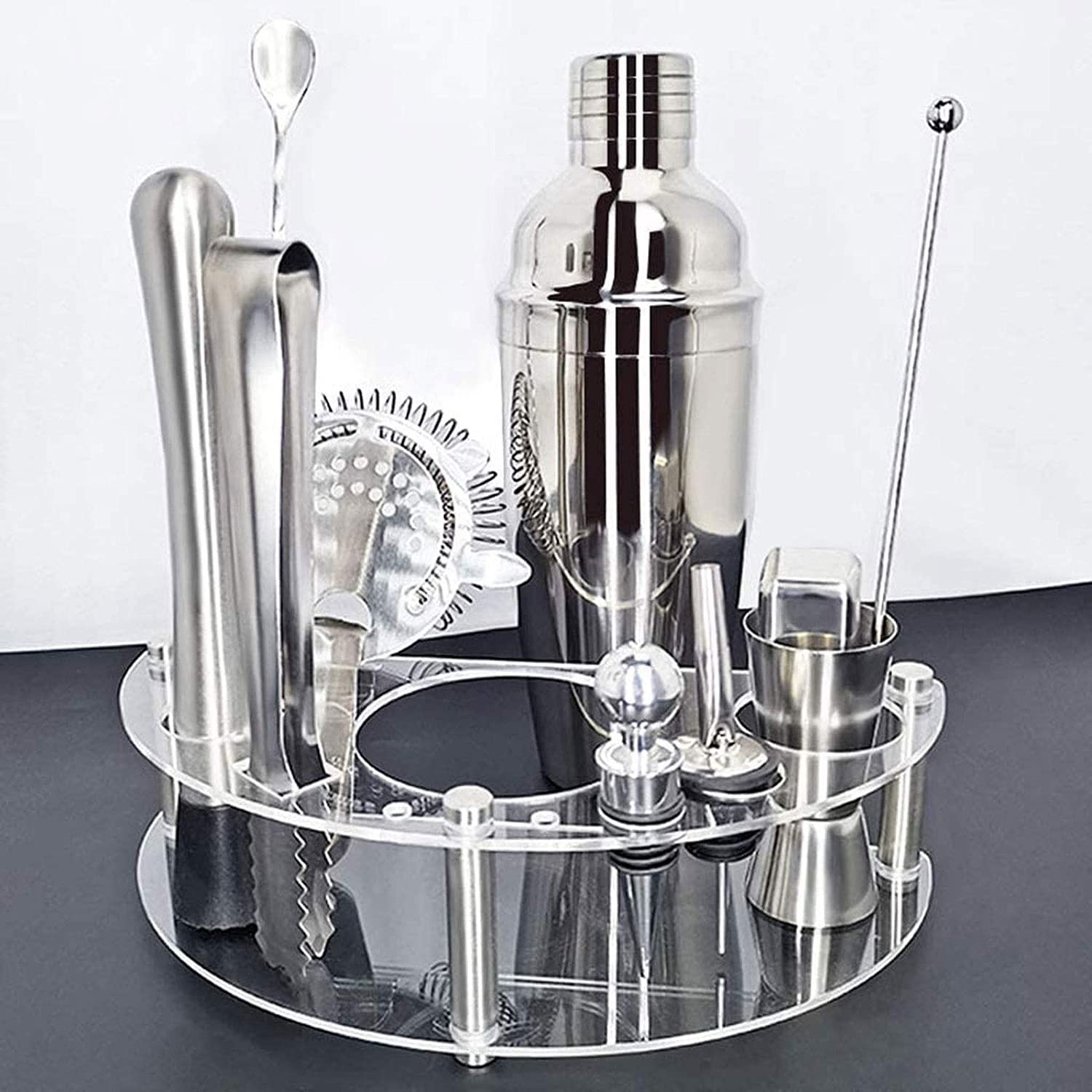 Kit de camarero de 12 piezas con soporte |Juego de coctelera de bar for mezclar bebidas - Herramientas de barra: coctelera de martini, jigger, colador, cuchara mezcladora de barra, pinzas, abre