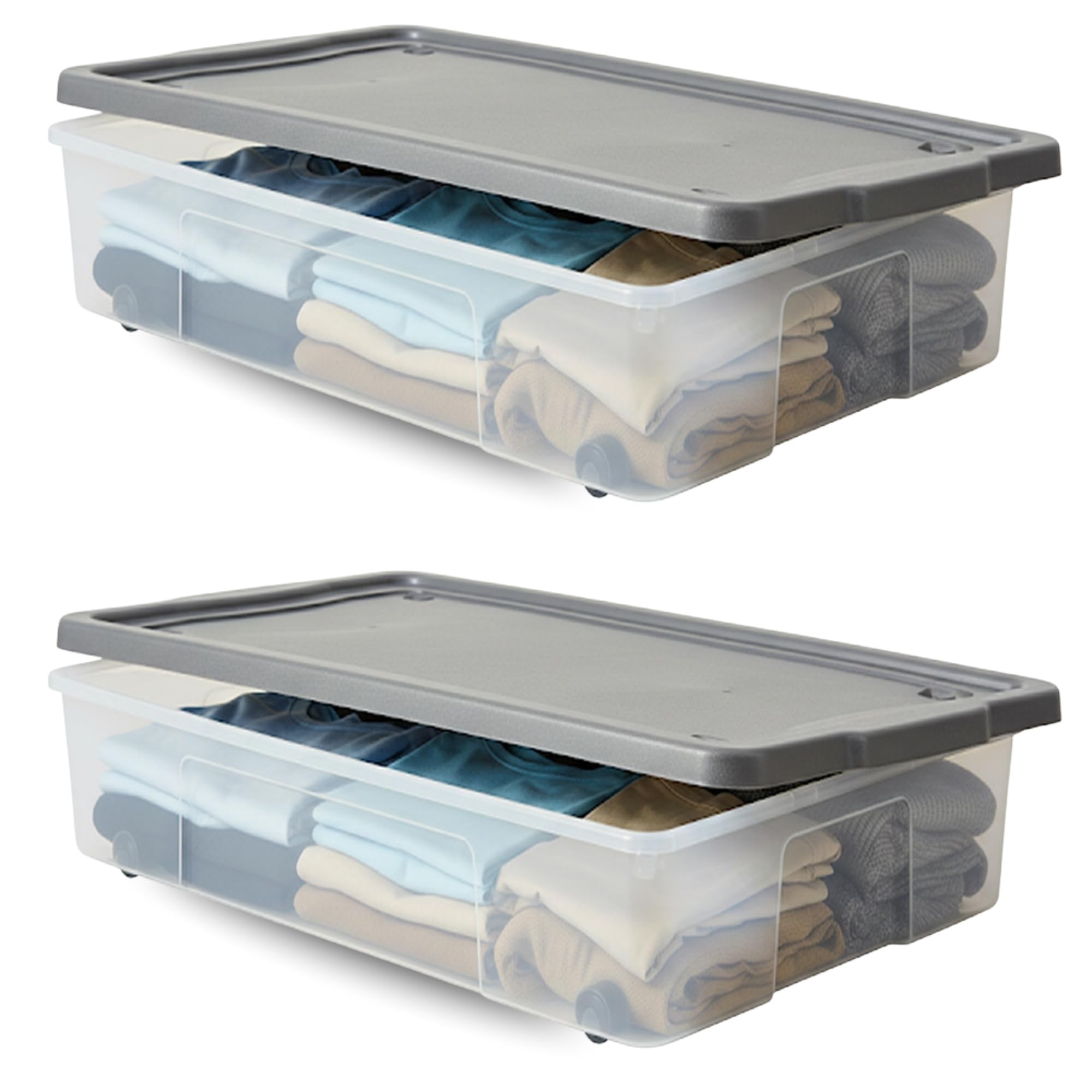 SIDSONS 47L Underbed Storage Box With Lid - Set of 2 Under Bed Space Saver With Wheels - Portable Clothes Organizer - Large Transparent Container - Nestable & Stackable Multipurpose Flat Clear Boxes