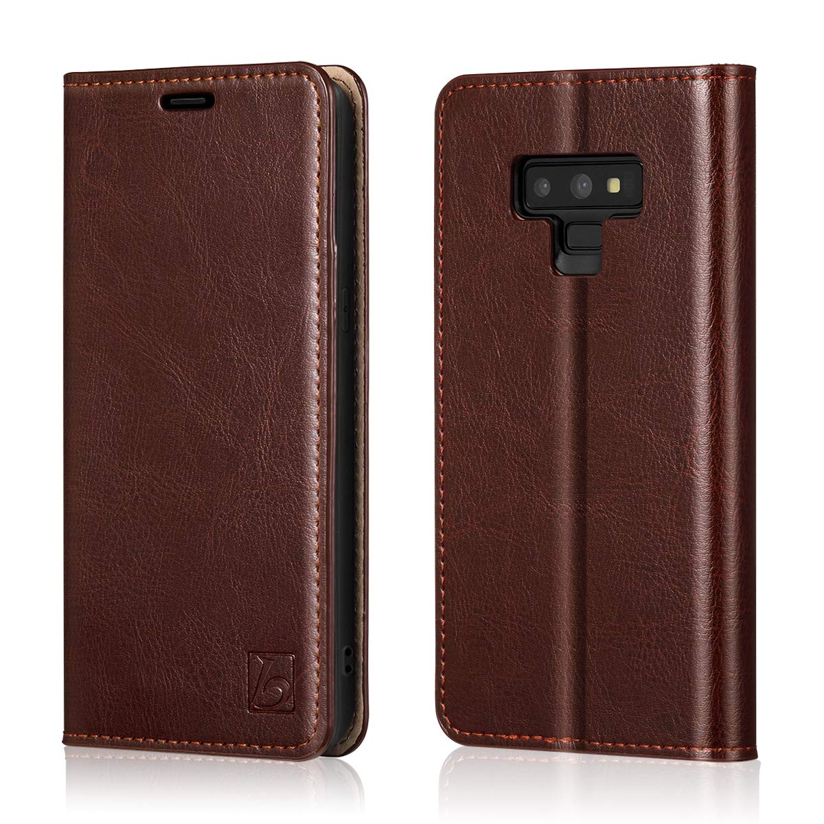 BelemayWallet Case for Samsung Galaxy Note 9, Genuine Cowhide Leather Flip Case, Folio Book Cover, Card Holder Slots, Cash Pockets, Kickstand Compatible with Galaxy Note 9, Brown