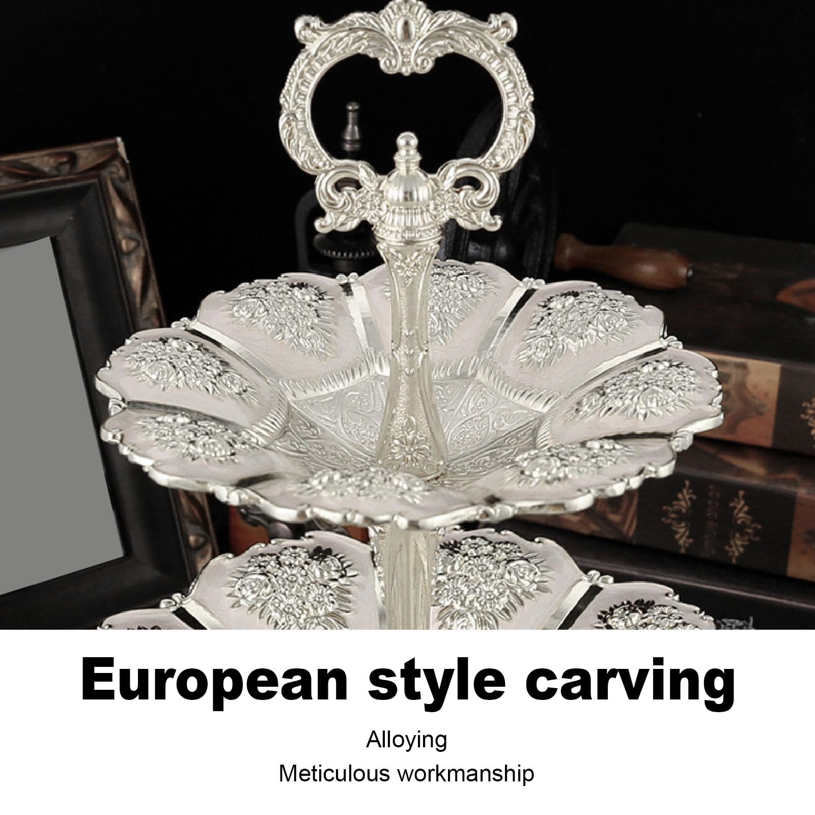 Soporte Tartas 2 Niveles, Soporte Postres Aleación Europea Reutilizable, Bandeja Servir Repostería con Asa Superior para Fiestas Té, Bodas, Decoraciones Cumpleaños (Plata Blanco)