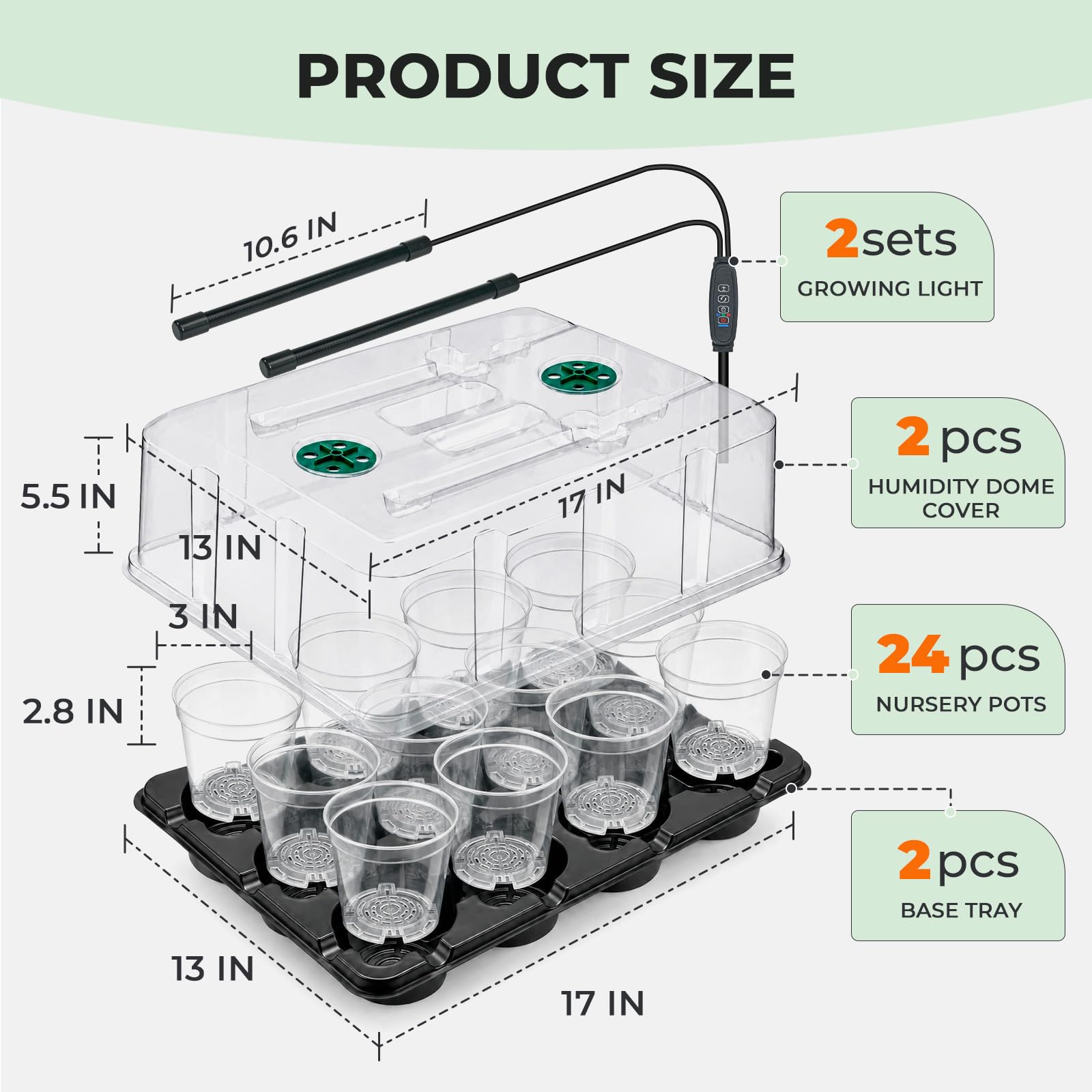 homenote Lot de 2 plateaux de démarrage de graines de 10,2 cm, 12 cellules | Avec lampe de croissance, dôme d'humidité, 24 pots de pépinière de 10,2 cm, kit de germination en plastique