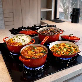 Kit Jogo Panelas Esmaltadas Antiaderente Ferro Fundido Chama e Indução Com Inmetro Estilo Creuset (Vermelho)