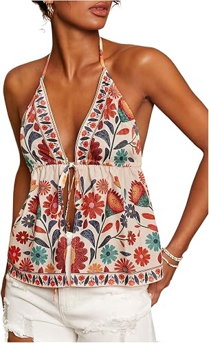 MakeMeChic Women's Tropical Halter Tank Tops Tie Backless Summer Boho Camisole C