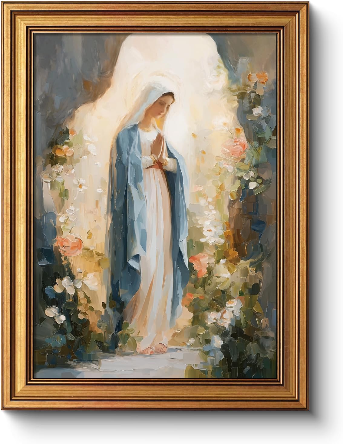 WHASAYART Vintage Gold Framed Virgen De Guadalupe, Our Lady Mary in Flower Garden Canvas Print, Spain Decor Rustic Country Farmhouse Religious Artwork for Living Room Bedroom Church 12×16"