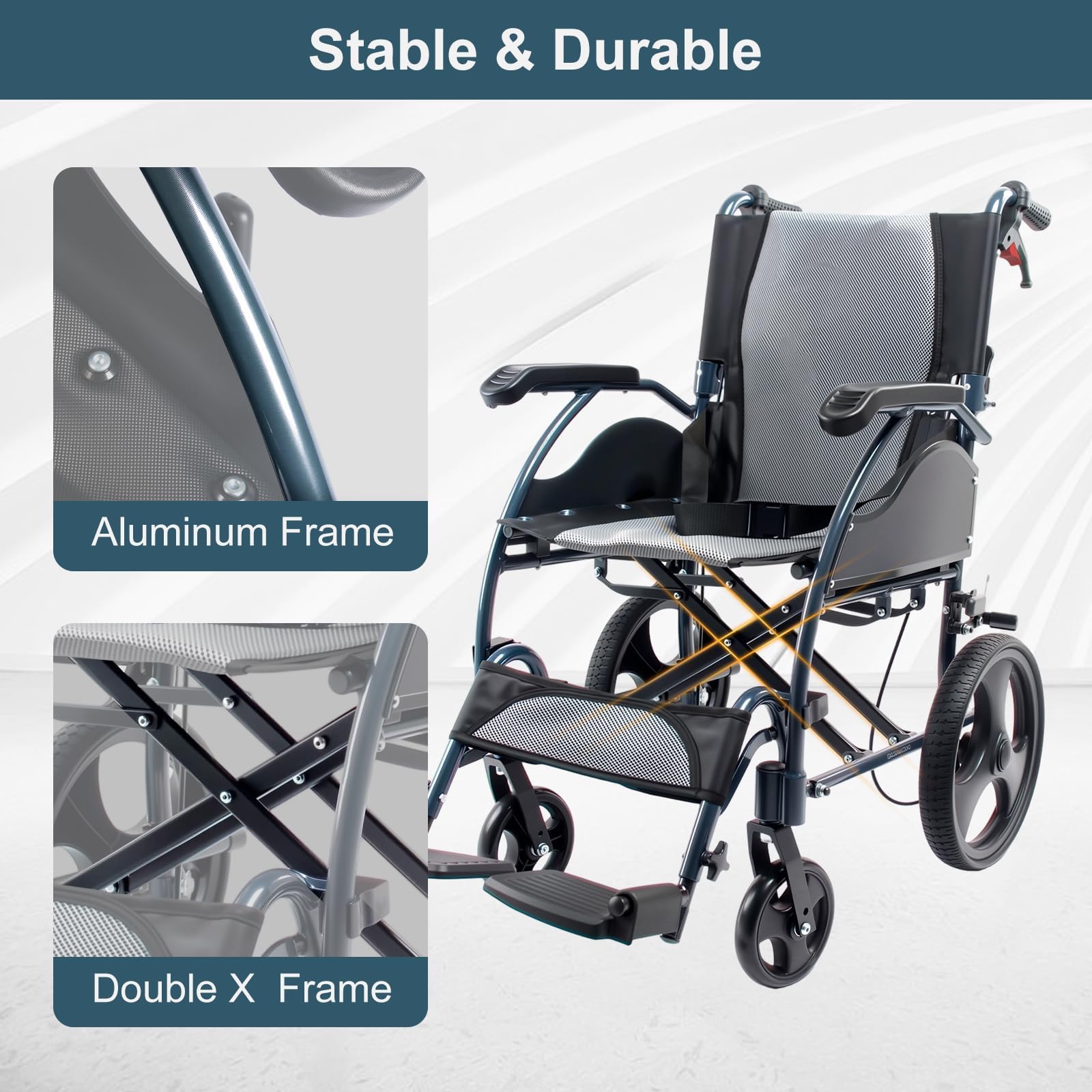 Wózek inwalidzki, lekki (11 kg) i składany, aluminium, szerokość siedziska: 44 cm, transportowy wózek inwalidzki, z podparciem lędźwiowym, regulowana wysokość pedału, dla seniorów i osób