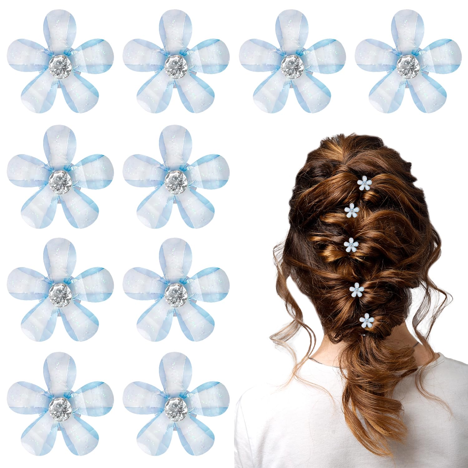 Mini Flower Hair Clips with Rhinestones, Pack of 10 - For Women & Girls, Daily, Party, Wedding - Blue, 1 count (Pack of 10)