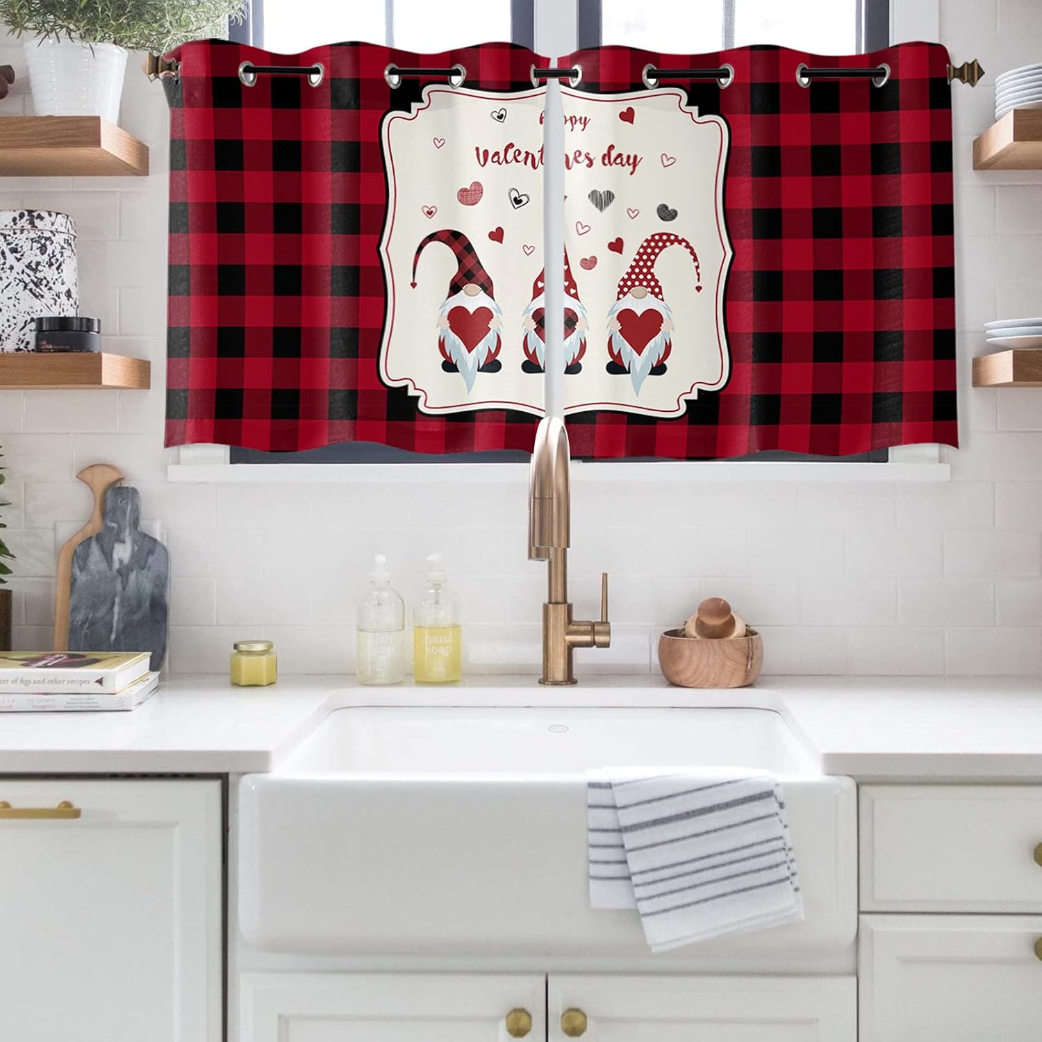 Valentine's Day Window Curtain Gnome Lovely Dwarf Windows Drapes Panel, Chic Buffalo Plaid Red Black Light Filtering Kitchen Cafe Curtains Drape Treatment Set of 2 with Grommet Top