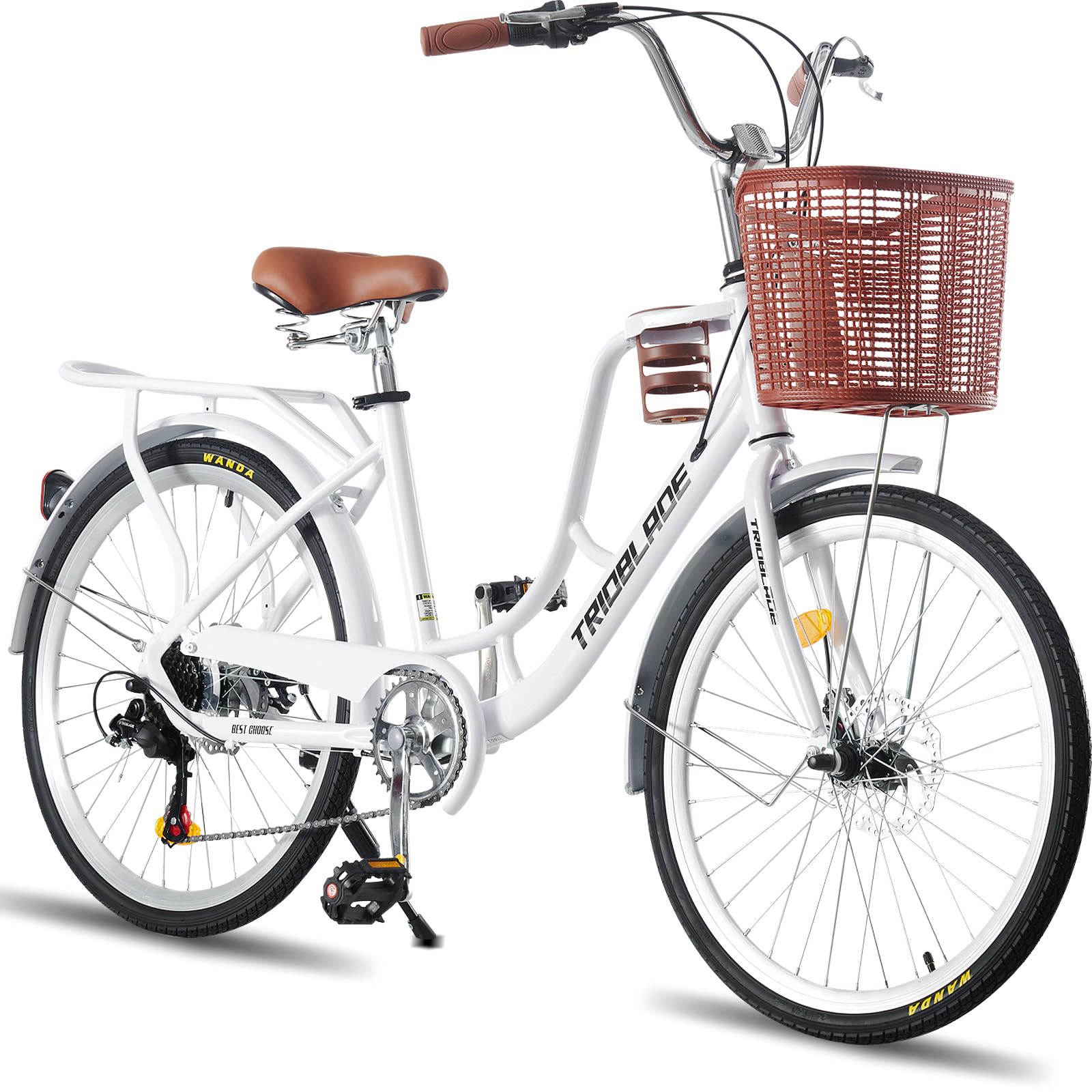 LSBIKE Ladies Bike with Basket 24/26in 7 Speed City Bicycle Women Girls Comfort Bike Lightweight Frame Hybrid Disc Brakes with Cupholder Steel Rear Rack Adjustable Handbar and Seat (White, 24inch)