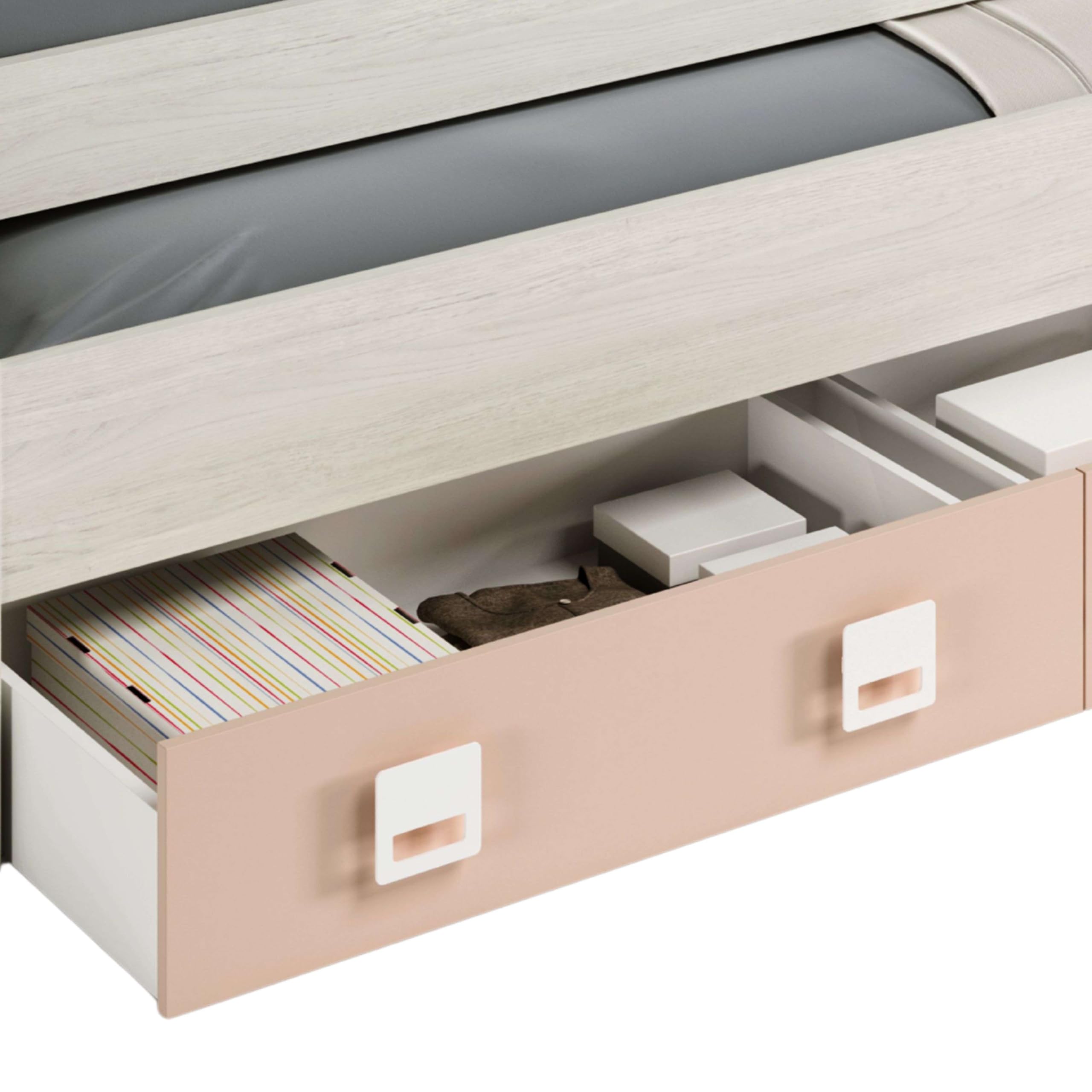 Habitdesign – Cama Doble Juvenil con 2 Cajones y Estante, Cama Nido Infantil, Color Blanco Alpes y Rosa Pastel, 199x96x69 cm – Modelo Nube