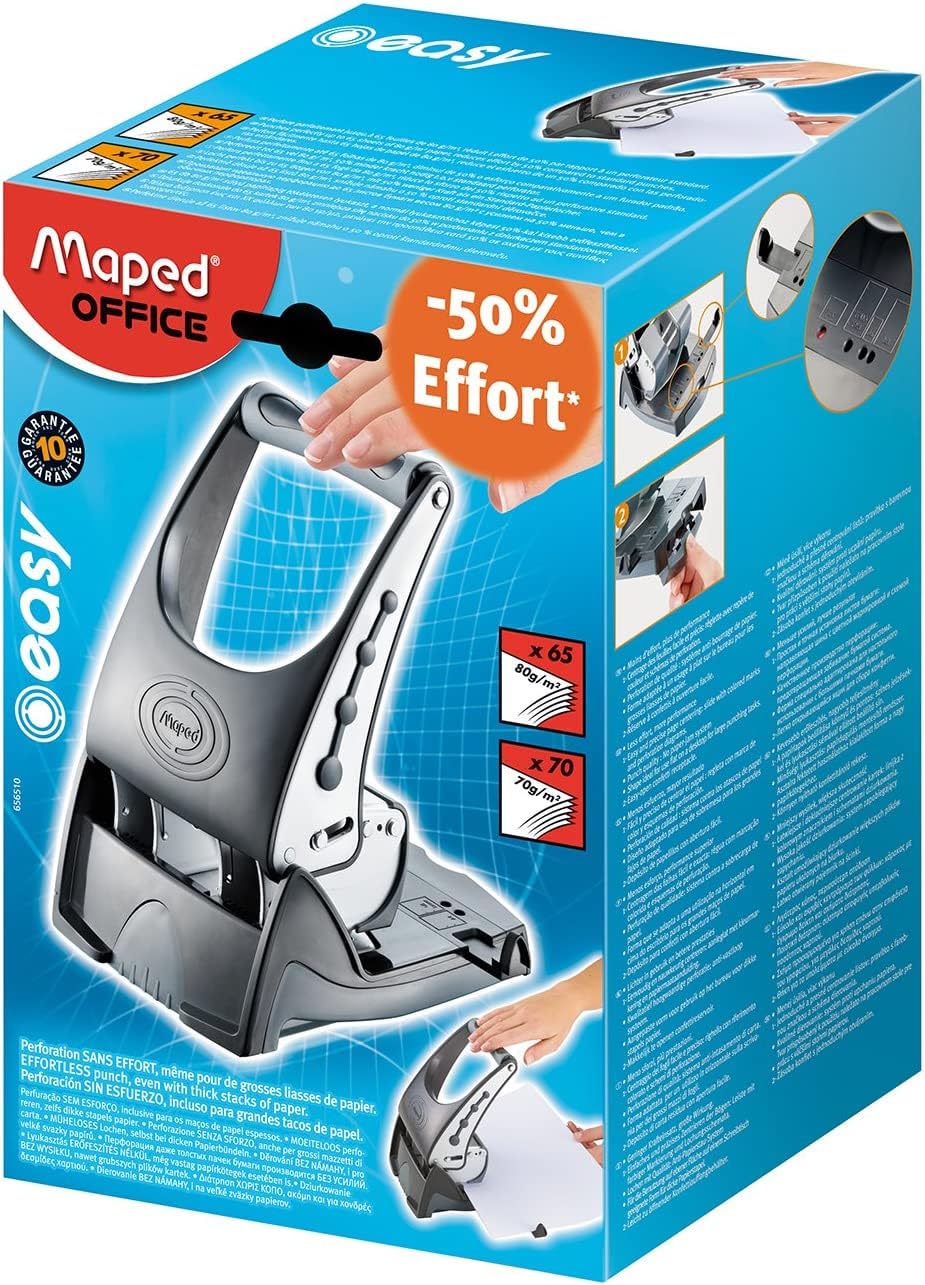 Maped Perforadora de Papel, Agujereadora con Mango Ergonómico, Fácil de Usar, Perfora Hasta 65 Hojas, Sistema Antibloqueo, Alta Precisión y Durabilidad para Oficina y Escuela